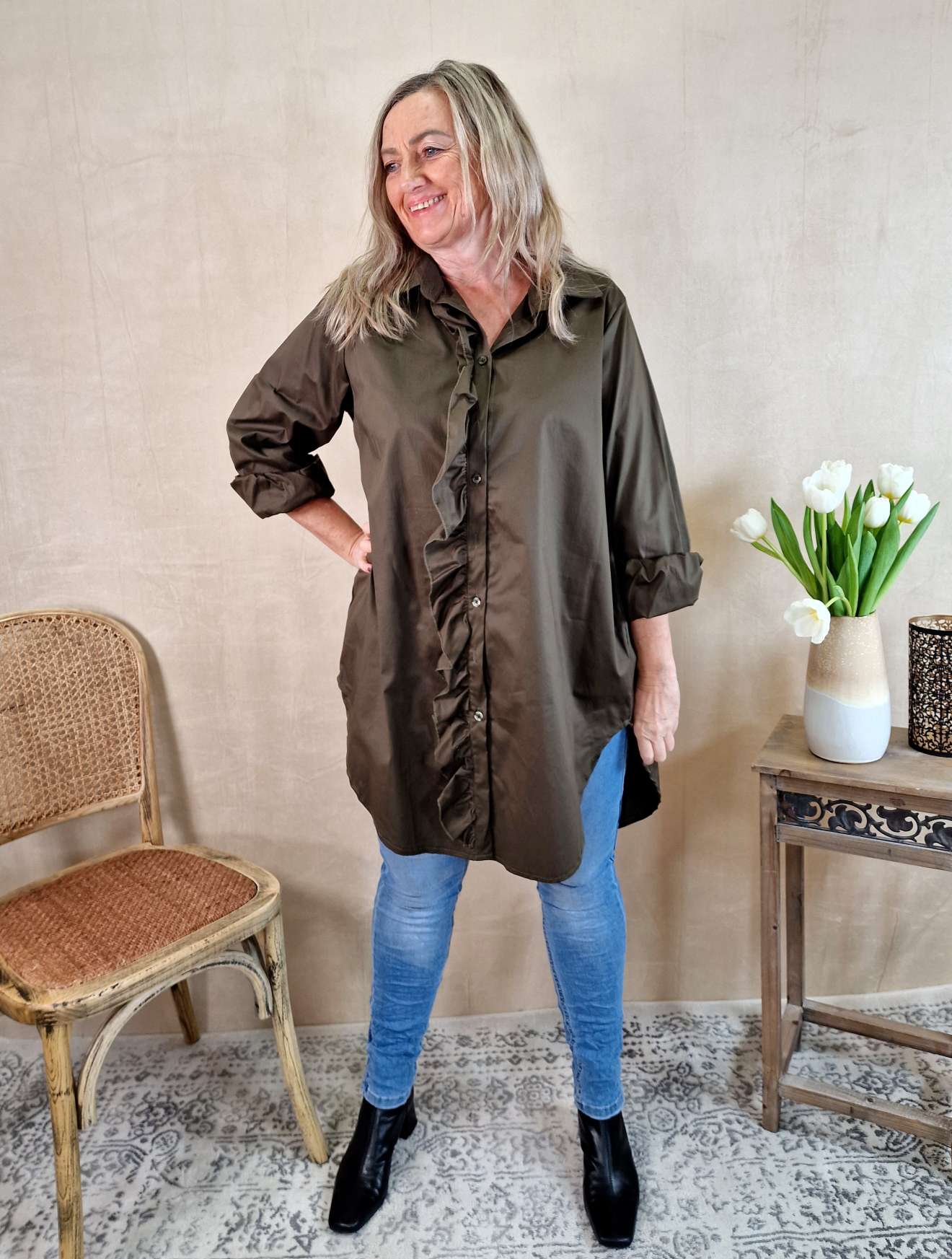 BASIC BLUSEJAMIE LONG KHAKI 34-42 Made in Italy Oversize Shirt Hemd LANG Blusenkleid BASIC BLUSEJAMIE LONG KHAKI 34-42 Made in Italy Oversize Shirt Hemd LANG Blusenkleid