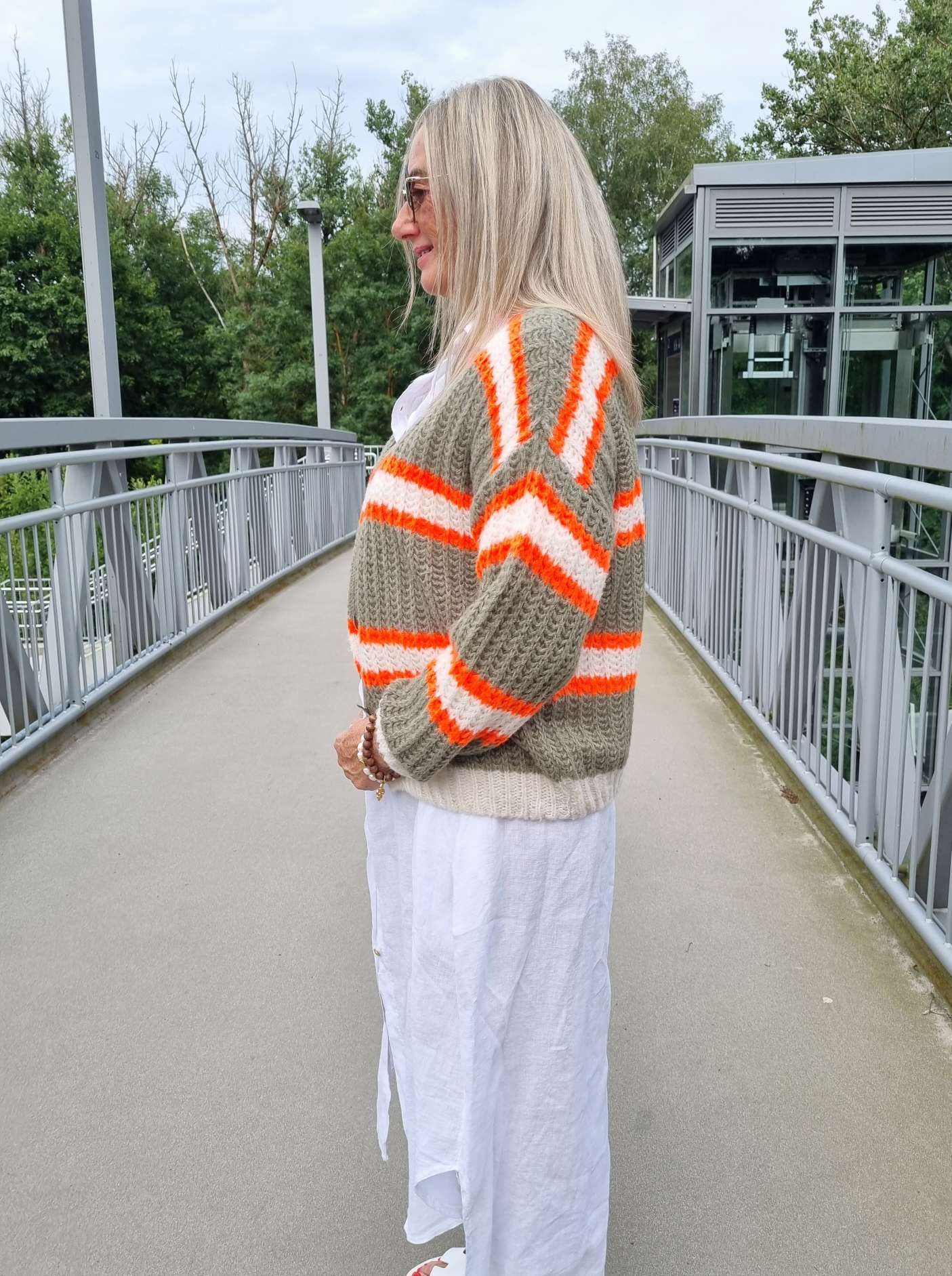SHORT KNIT CARDIGAN MYKONOS STRIPES BUTTONS KHAKI ORANGE CREME kurze Strick Jacke Made in Italy Streifen Knöpfe 34-42 SHORT KNIT CARDIGAN MYKONOS STRIPES BUTTONS KHAKI ORANGE CREME kurze Strick Jacke Made in Italy Streifen Knöpfe 34-42