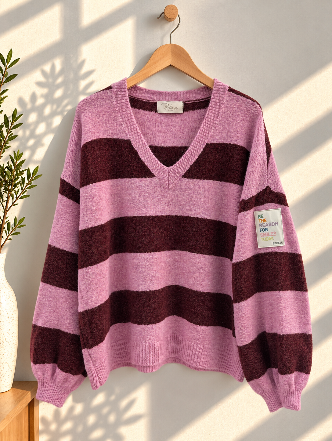 Strickpullover SP0095 – Streifenlook mit Statement-Patch Gr. 34-40/42 Pullover