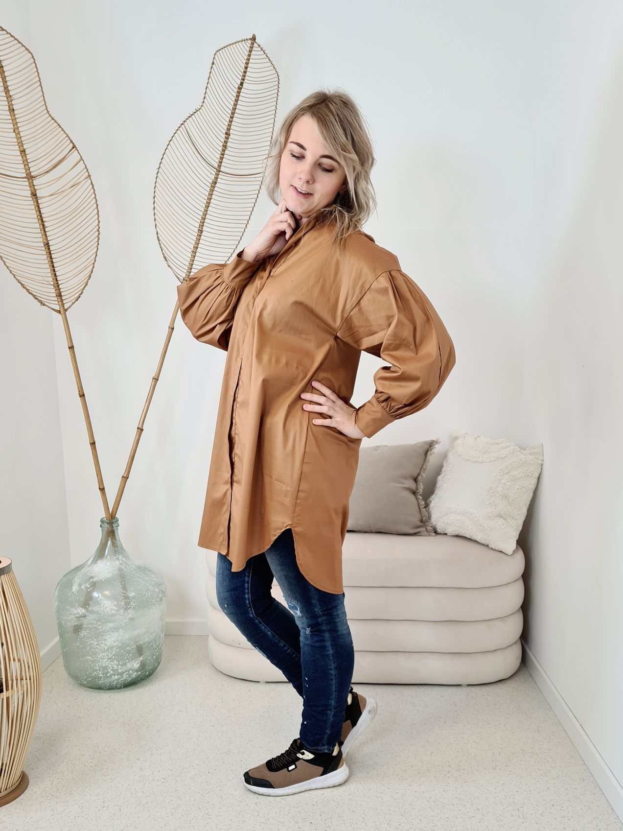 BASIC BLUSE FERNANDA LONG CAMEL 34-42 Made in Italy Oversize Shirt Hemd LANG Blusenkleid BASIC BLUSE FERNANDA LONG CAMEL 34-42 Made in Italy Oversize Shirt Hemd LANG Blusenkleid