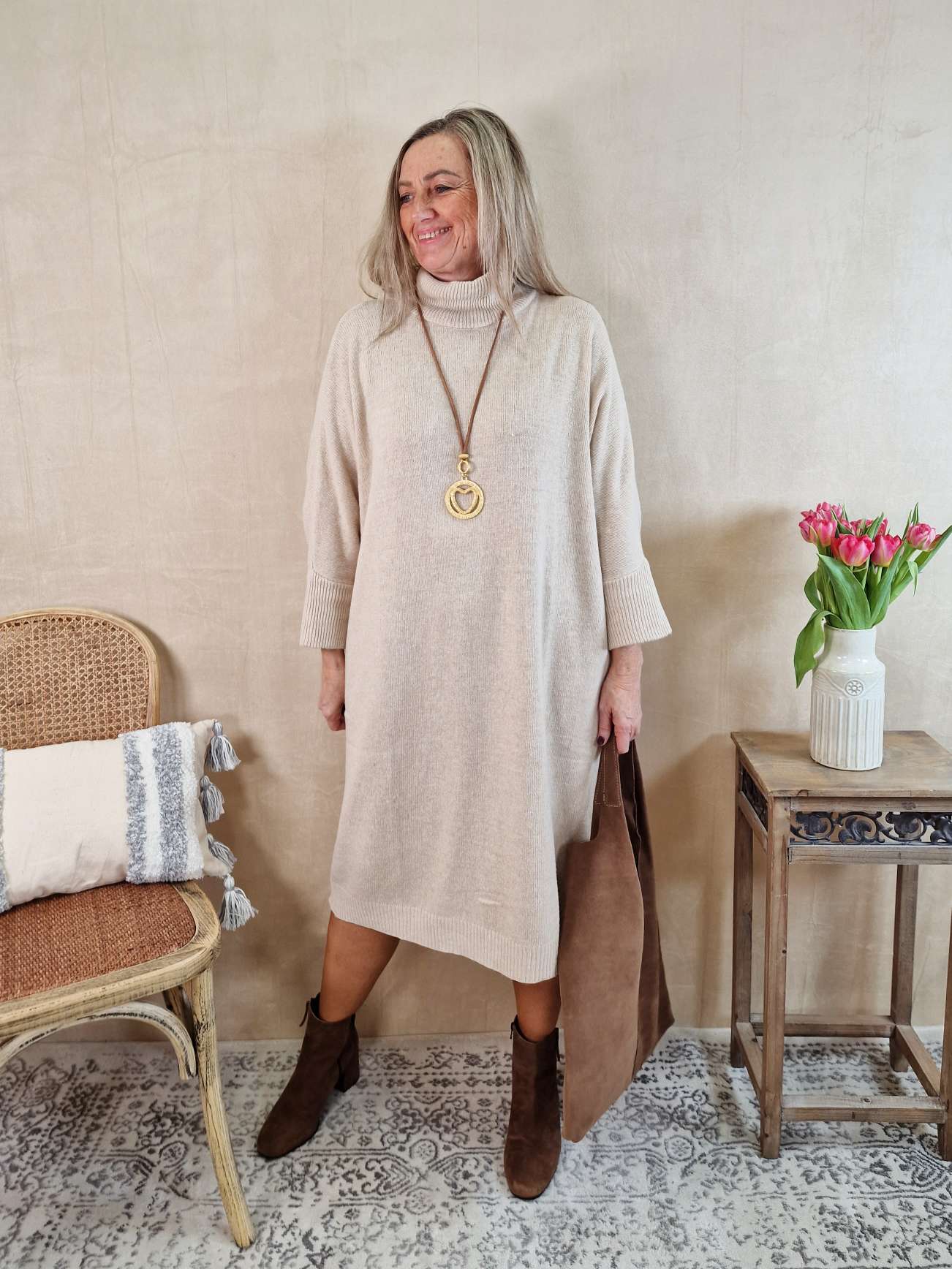 CASHMERE DRESS STELLA BEIGE 34-44 Made in Italy Strick Kleid Long Pullover CASHMERE DRESS STELLA BEIGE 34-44 Made in Italy Strick Kleid Long Pullover