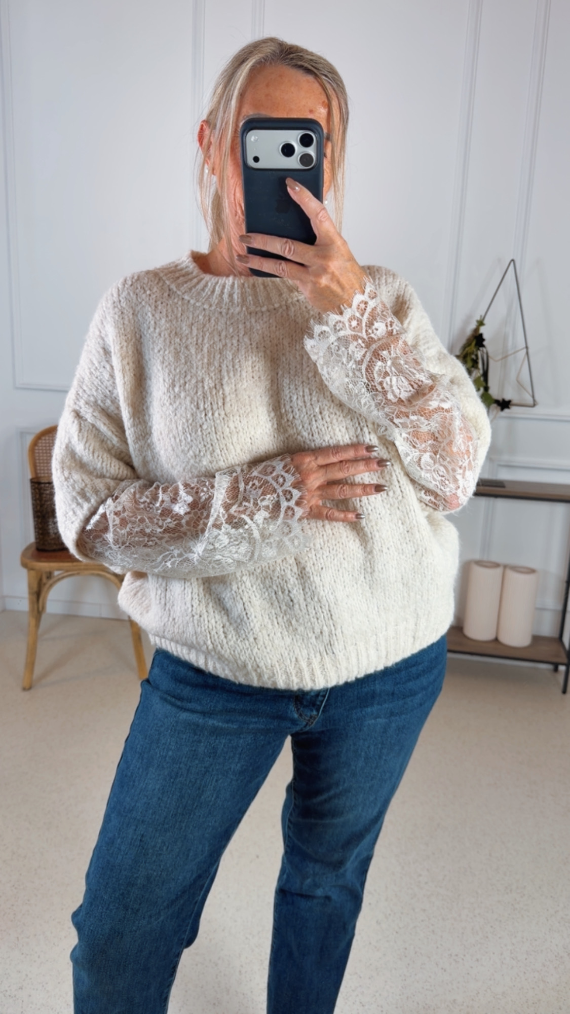 BASIC KNIT PULLOVER KIARA mit Spitze 34 - 44 Made in Italy Strickpullover