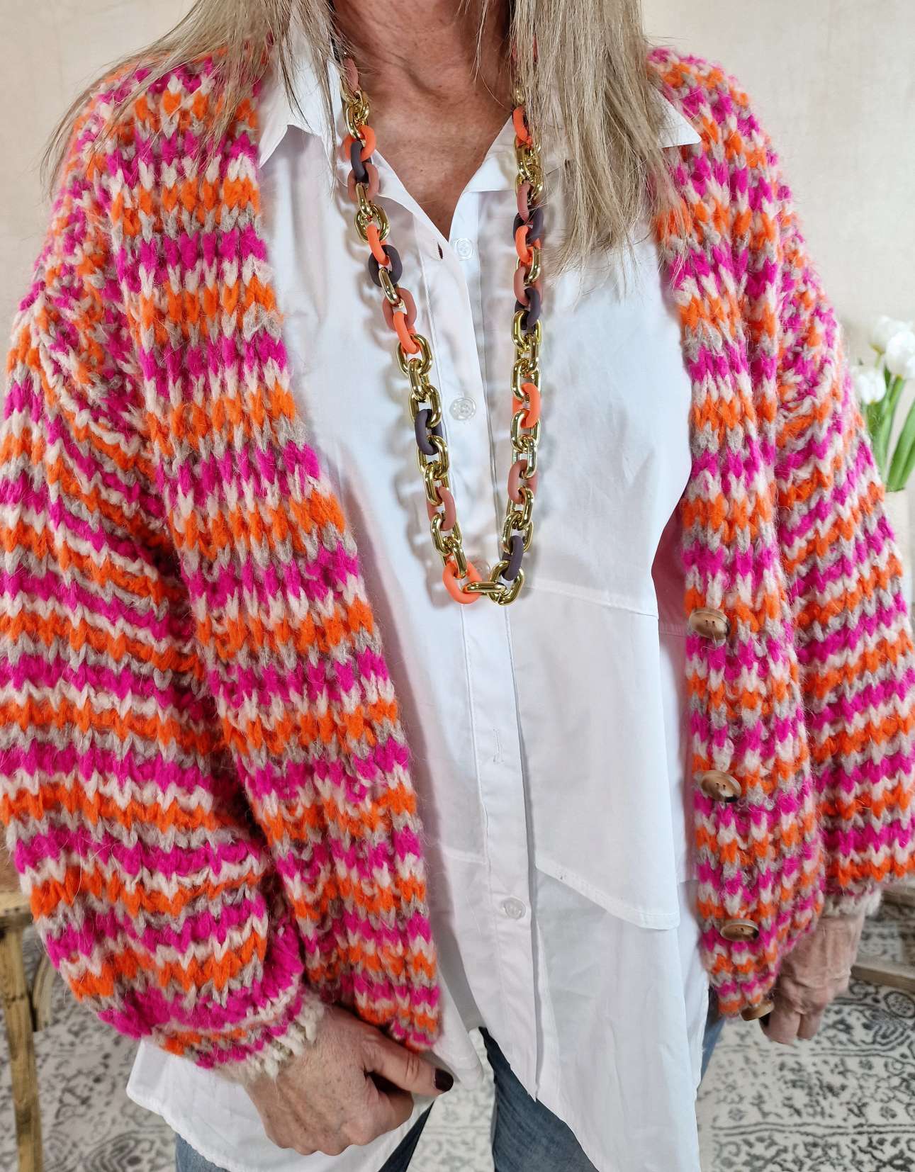 SHORT KNIT CARDIGAN DOMINO PINK ORANGE CREME kurze Strick Jacke Made in Italy 34-42 SHORT KNIT CARDIGAN DOMINO PINK ORANGE CREME kurze Strick Jacke Made in Italy 34-42