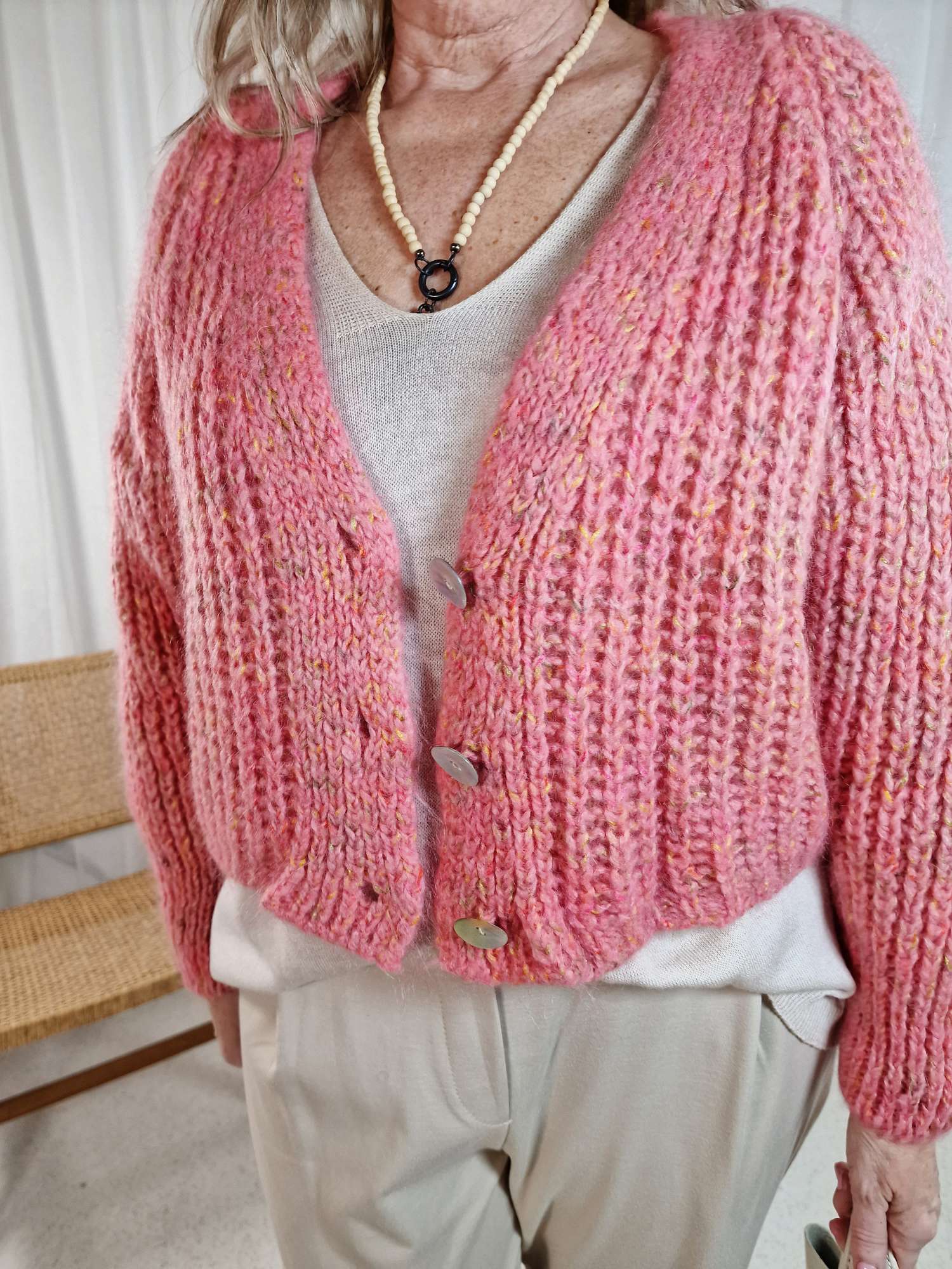 SHORT KNIT CARDIGAN INGA ROSA Koralle kurze Strick Jacke Made in Italy 34-42