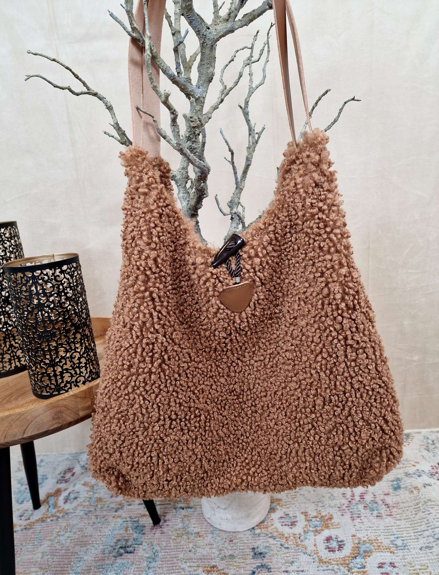 TEDDY FELL SHOPPER LIZZY CAMEL flauschige Shopping Bag mit Leder-Henkel Tasche Made in Italy TEDDY FELL SHOPPER LIZZY CAMEL flauschige Shopping Bag mit Leder-Henkel Tasche Made in Italy