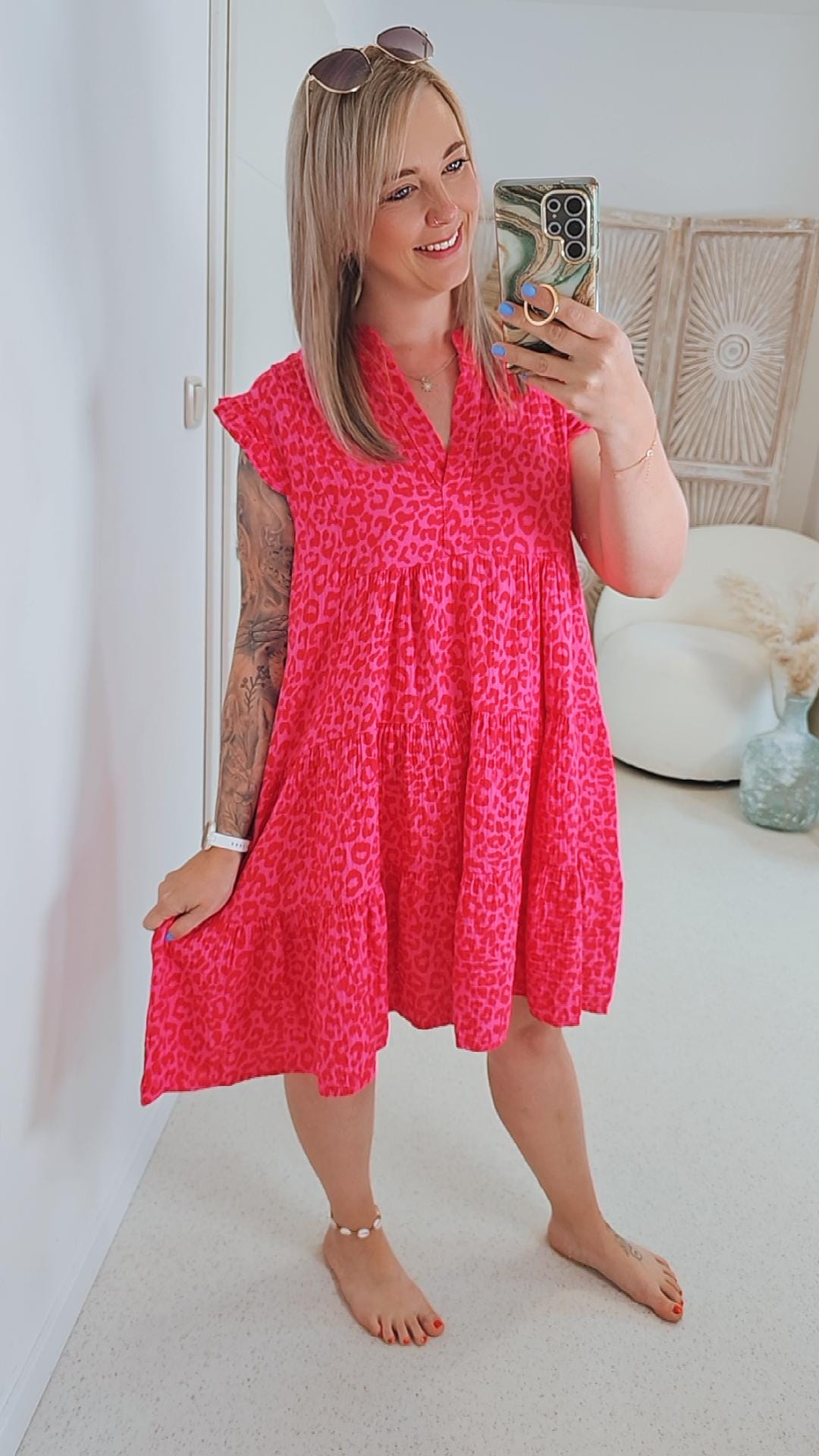 MUSSELIN KLEID TAMI ORANGE PINK Leo kurz Rüschen 34 - 42 Summer Dress