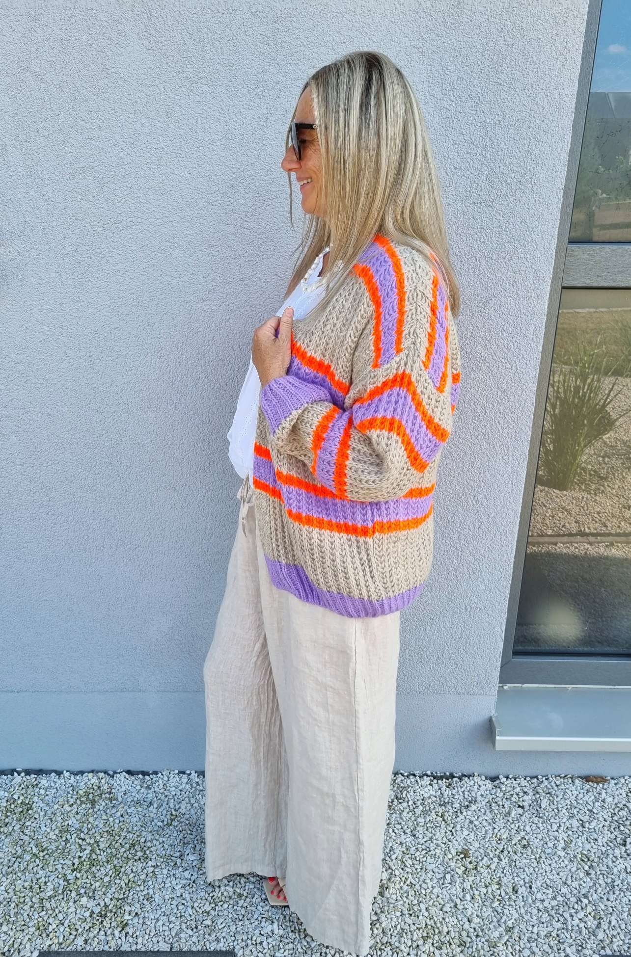SHORT KNIT CARDIGAN MYKONOS STRIPES BEIGE FLIEDER ORANGE kurze Strick Jacke Made in Italy Streifen 34-42 SHORT KNIT CARDIGAN MYKONOS STRIPES BEIGE FLIEDER ORANGE kurze Strick Jacke Made in Italy Streifen 34-42