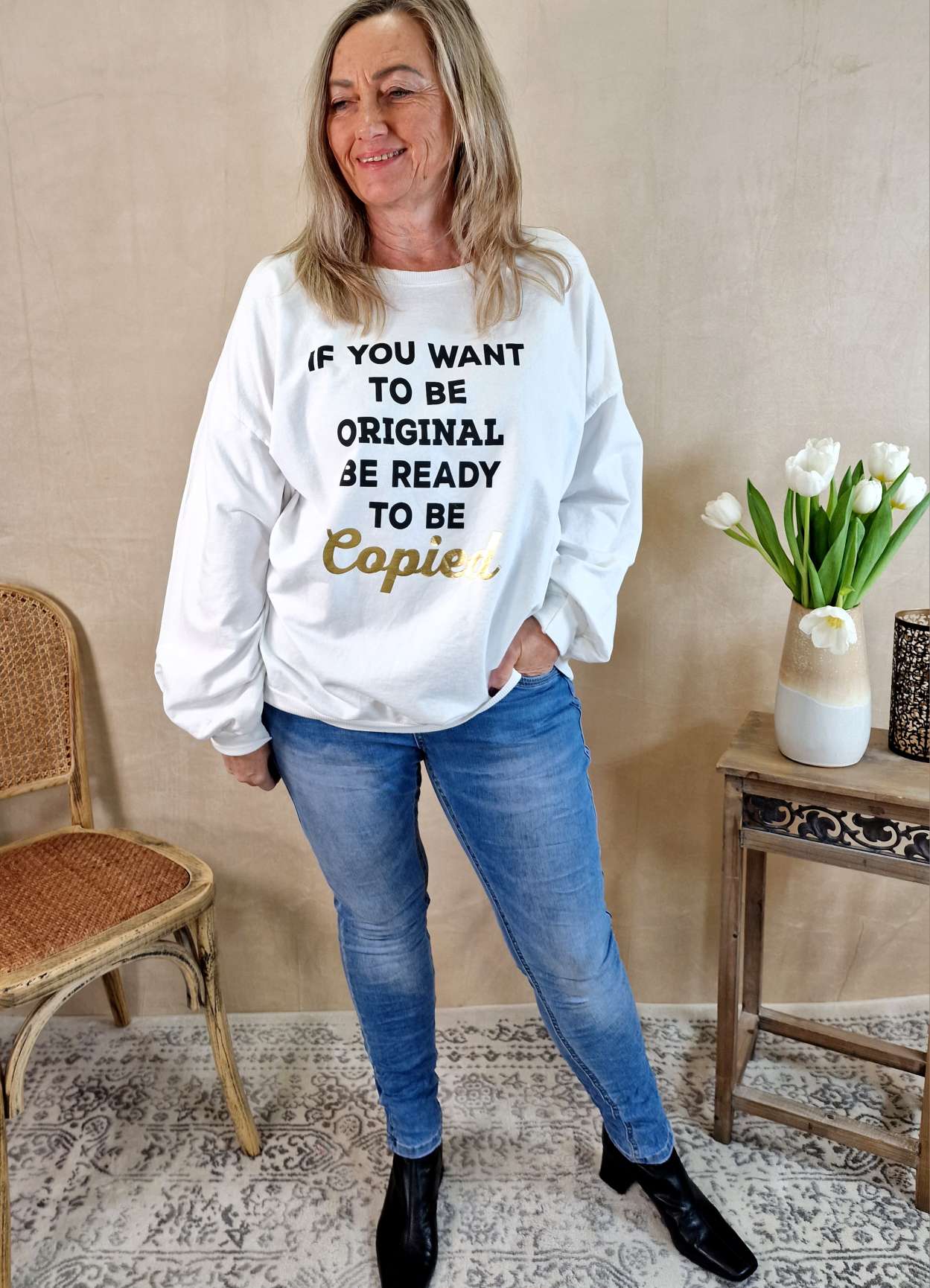 SWEATER COPIED WEISS Longsleeve Langarm Statement Shirt Made in Italy 34-42 verschiedene Farben SWEATER COPIED WEISS Longsleeve Langarm Statement Shirt Made in Italy 34-42 verschiedene Farben