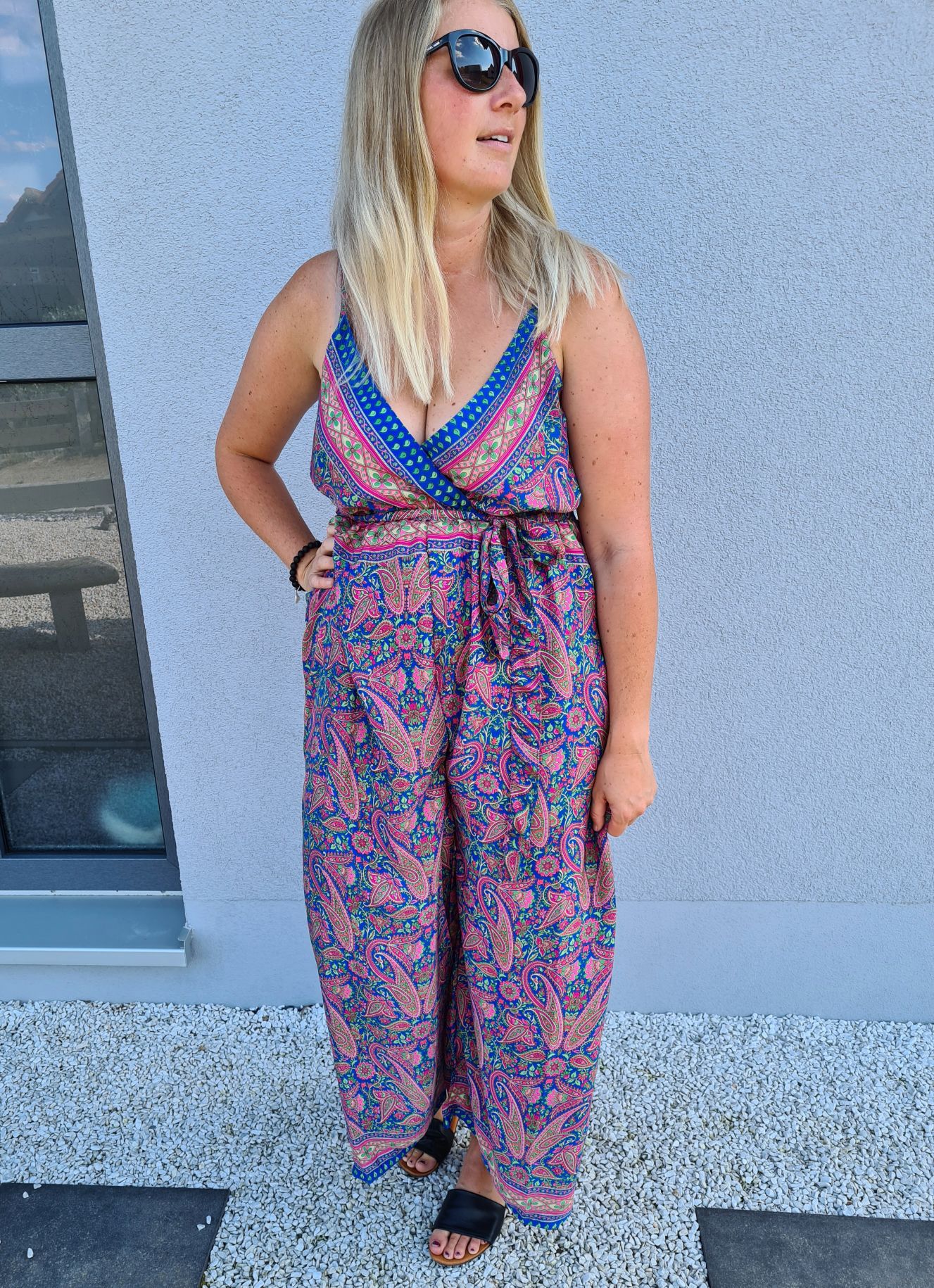 SILK JUMPSUIT MALEDIVE LEAVES BLAU PINK 1297 34-42 Boho Bohemian Overall Kunstseide SILK JUMPSUIT MALEDIVE LEAVES BLAU PINK 1297 34-42 Boho Bohemian Overall Kunstseide