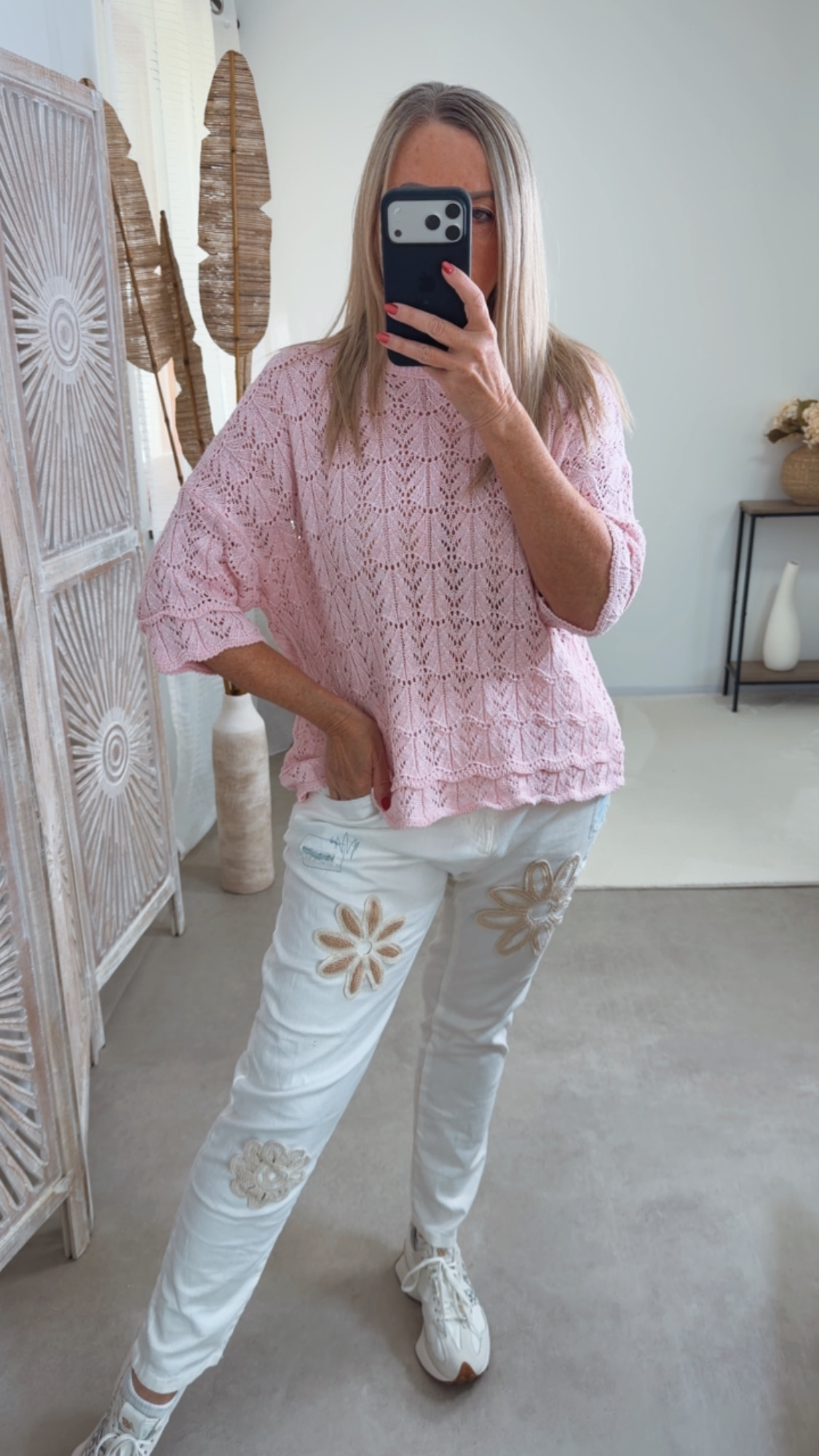 Strickshirt Lochmuster Fili Uni Made in Italy 34-42 Kurzarm Pullover