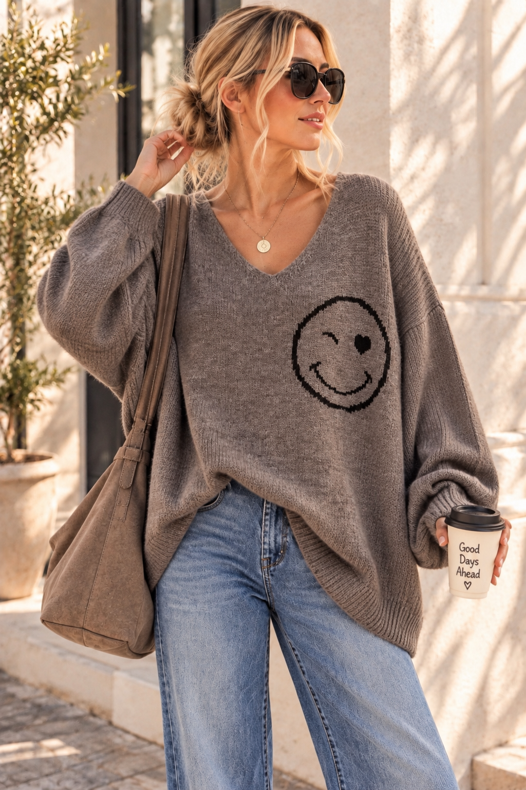 Strickpullover mit Smile & Rückenprint Oversize I NO. SP0019 I Made in Italy 34-44/46