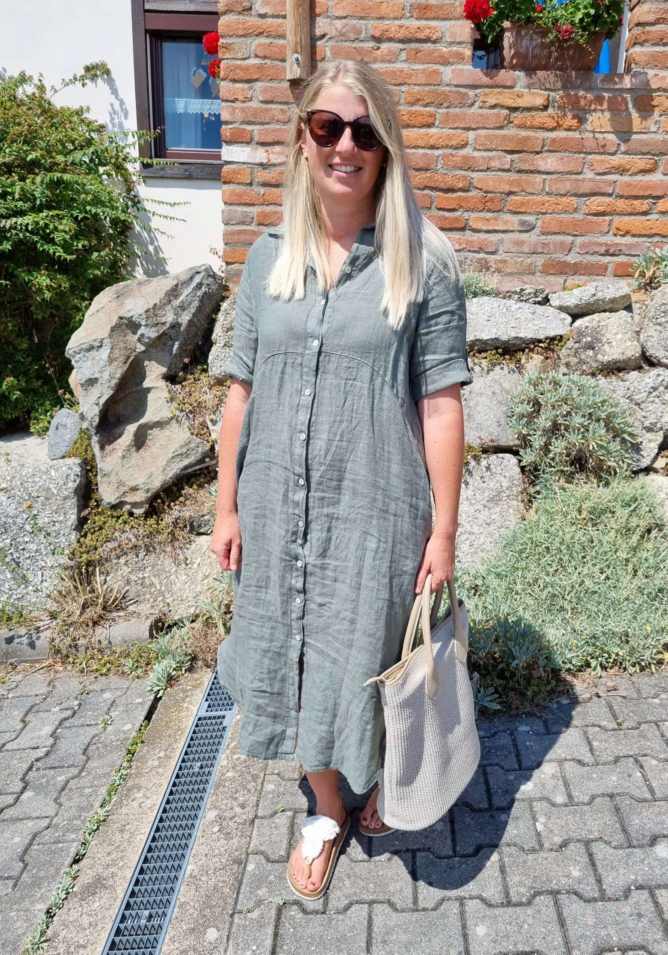 LINEN DESS WILMA KHAKI 34-42 Made in Italy Leinen Kleid Long Bluse Mantel LINEN DESS WILMA KHAKI 34-42 Made in Italy Leinen Kleid Long Bluse Mantel