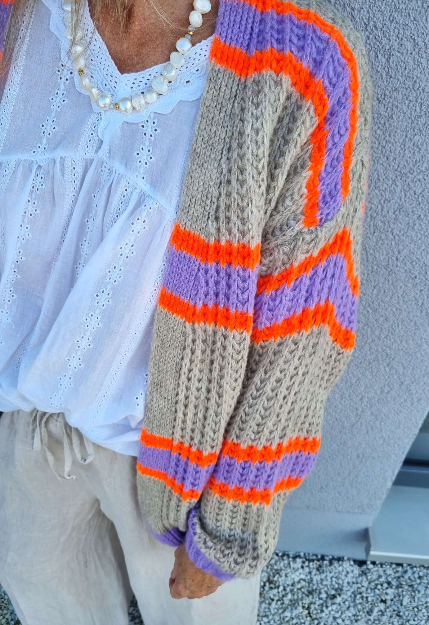 SHORT KNIT CARDIGAN MYKONOS STRIPES BEIGE FLIEDER ORANGE kurze Strick Jacke Made in Italy Streifen 34-42 SHORT KNIT CARDIGAN MYKONOS STRIPES BEIGE FLIEDER ORANGE kurze Strick Jacke Made in Italy Streifen 34-42