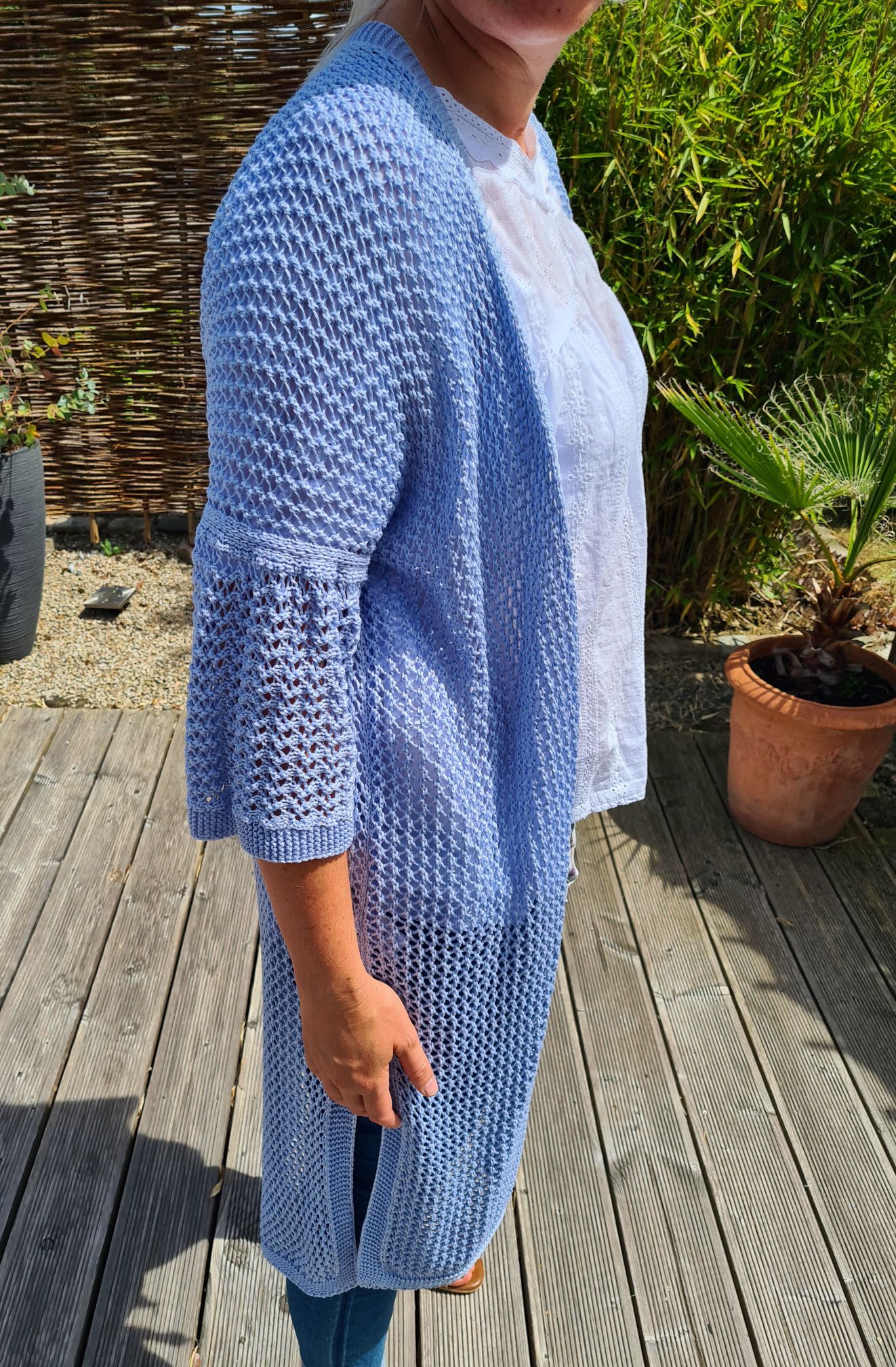 HÄKEL CARDIGAN VALENTINA HELLBLAU Strick Jacke Mantel Made in Italy 34-42 HÄKEL CARDIGAN VALENTINA HELLBLAU Strick Jacke Mantel Made in Italy 34-42