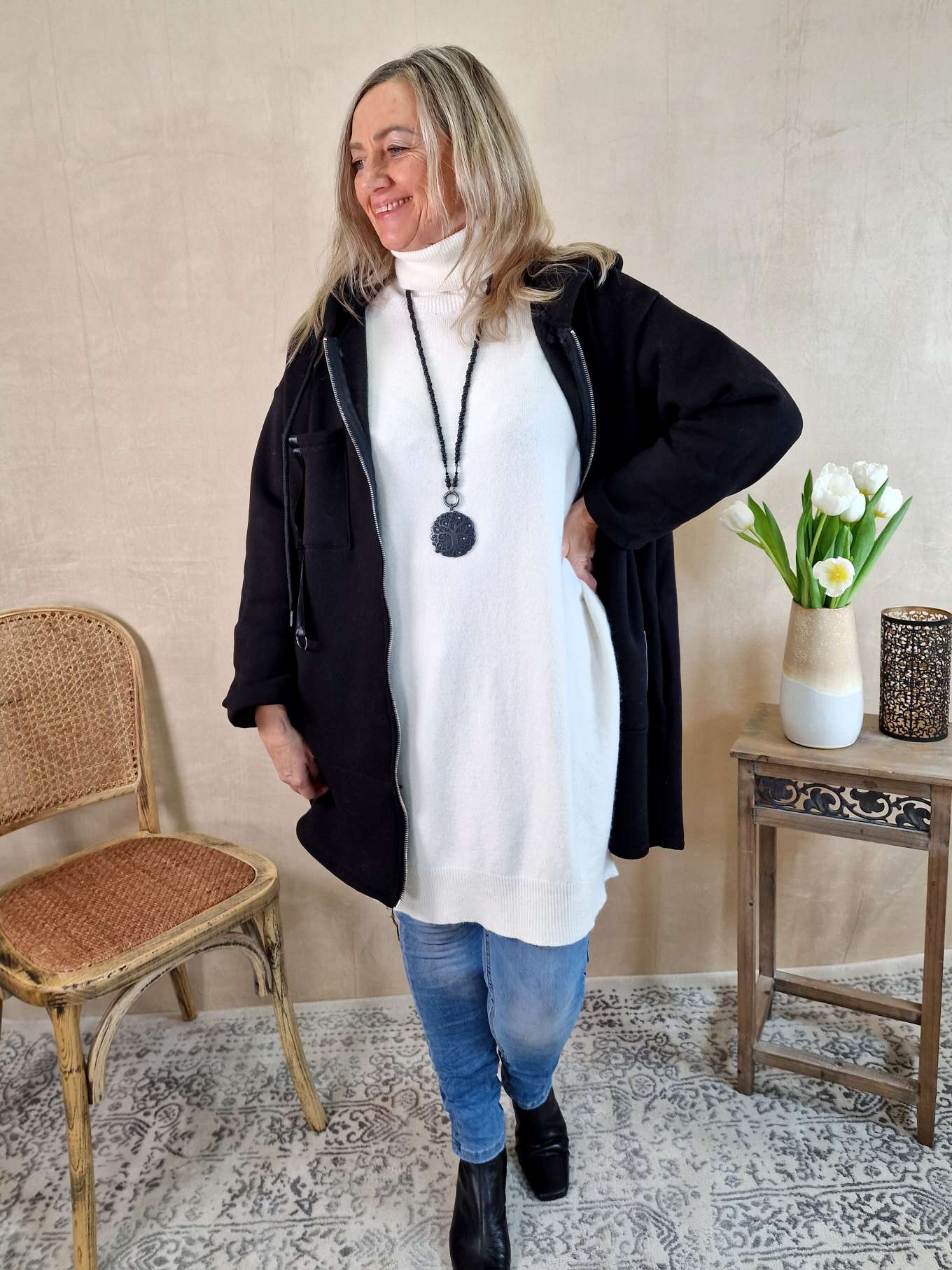 HOODIE SWEATER JACKE CARLO SCHWARZ 34-42 Made in Italy Oversize lange Sweatshirtjacke HOODIE SWEATER JACKE CARLO SCHWARZ 34-42 Made in Italy Oversize lange Sweatshirtjacke