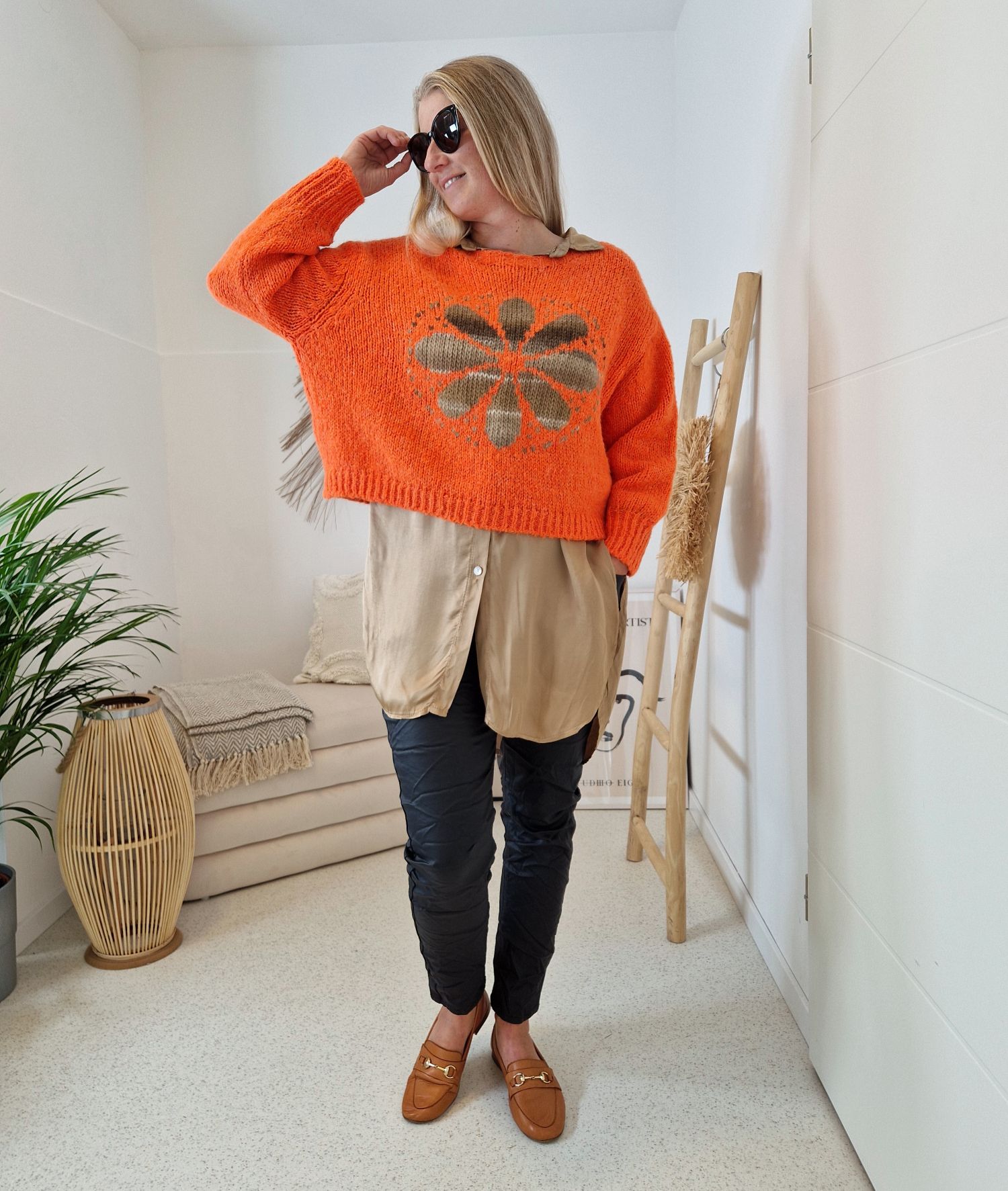 KNIT SWEATER GRETA FLOWER ORANGE Strickpullover Pullover 34-42 Made in Italy versch. Farben KNIT SWEATER GRETA FLOWER ORANGE Strickpullover Pullover 34-42 Made in Italy versch. Farben