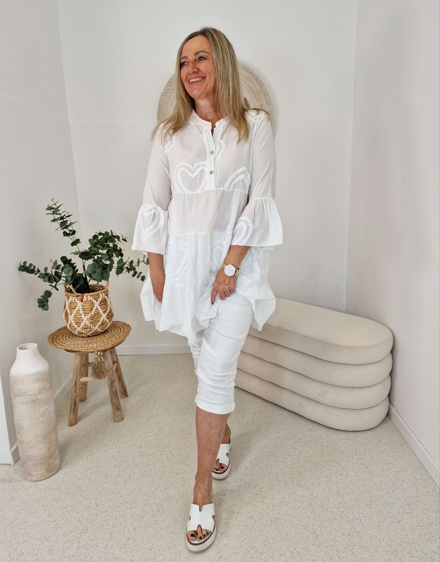 TUNIKA DRESS CLAIRE HEART WEISS 34-42 Made in Italy Midi Kleid TUNIKA DRESS CLAIRE HEART WEISS 34-42 Made in Italy Midi Kleid
