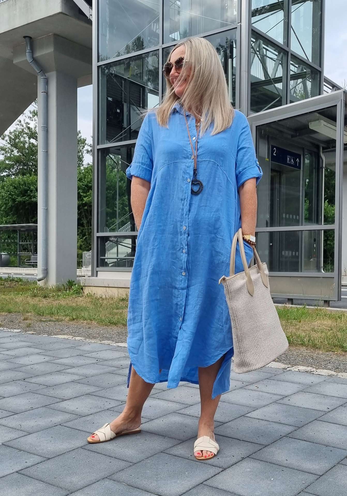 LINEN DESS WILMA DENIM BLAU 34-42 Made in Italy Leinen Kleid Long Bluse Mantel LINEN DESS WILMA DENIM BLAU 34-42 Made in Italy Leinen Kleid Long Bluse Mantel