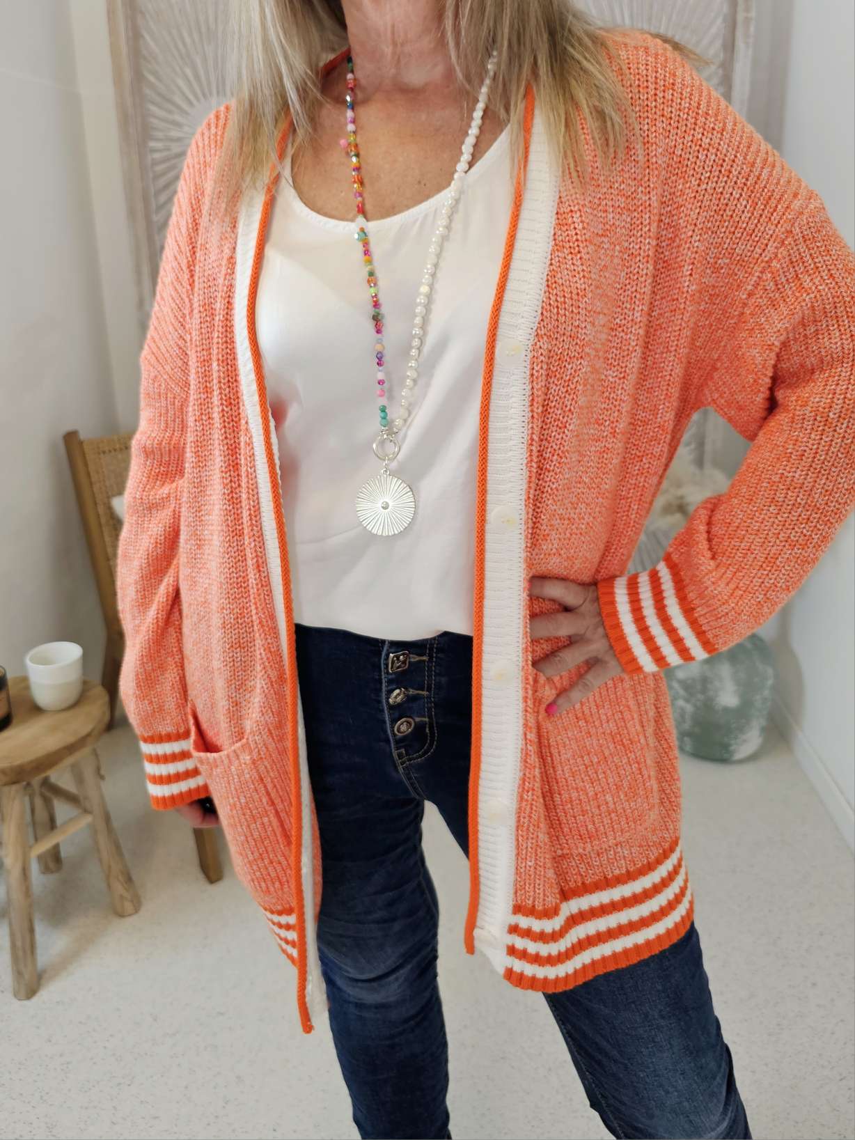 SHORT KNIT CARDIGAN JUNA ORANGE 34-42 Italy Design kurze Strick Jacke Knöpfe