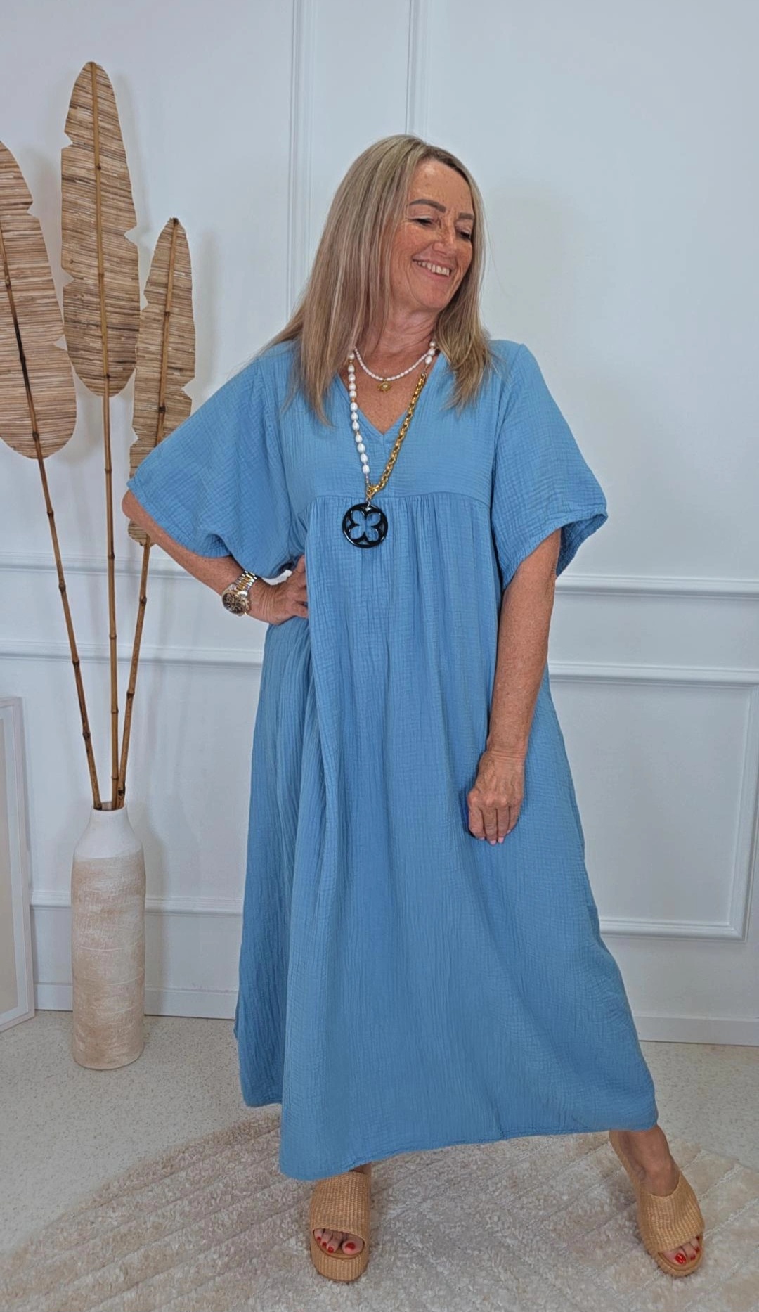 MUSSELIN OVERSIZE DRESS MAURITIUS UNI Kurzarm Kleid Made in Italy 34-44/46