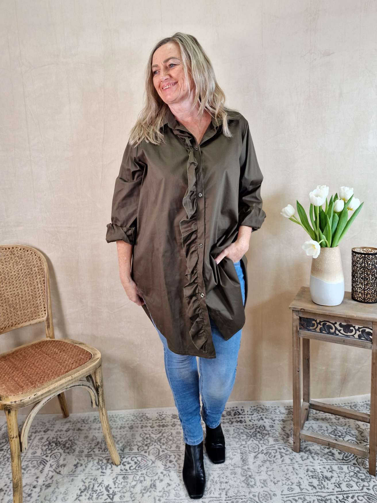 BASIC BLUSEJAMIE LONG KHAKI 34-42 Made in Italy Oversize Shirt Hemd LANG Blusenkleid BASIC BLUSEJAMIE LONG KHAKI 34-42 Made in Italy Oversize Shirt Hemd LANG Blusenkleid