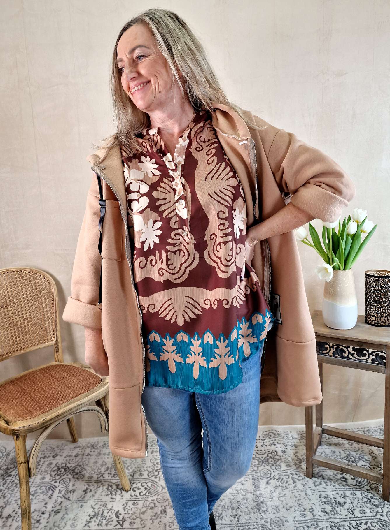 BLUSE MARESA BRAUN PETROL 34-42 Made in Italy Oversize Shirt Hemd Silk Optik BLUSE MARESA BRAUN PETROL 34-42 Made in Italy Oversize Shirt Hemd Silk Optik