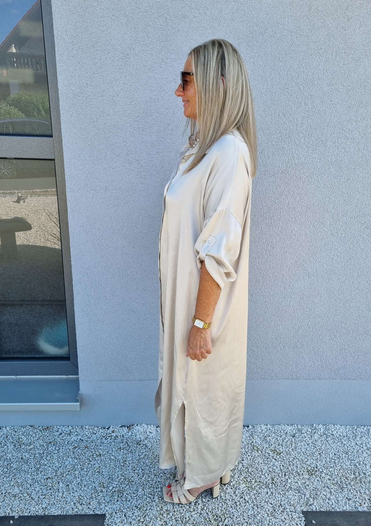 BLUSENKLEID NORA BEIGE 34-42/44 Made in Italy Oversize Maxi Kleid Mantel DRESS Satin Optik BLUSENKLEID NORA BEIGE 34-42/44 Made in Italy Oversize Maxi Kleid Mantel DRESS Satin Optik