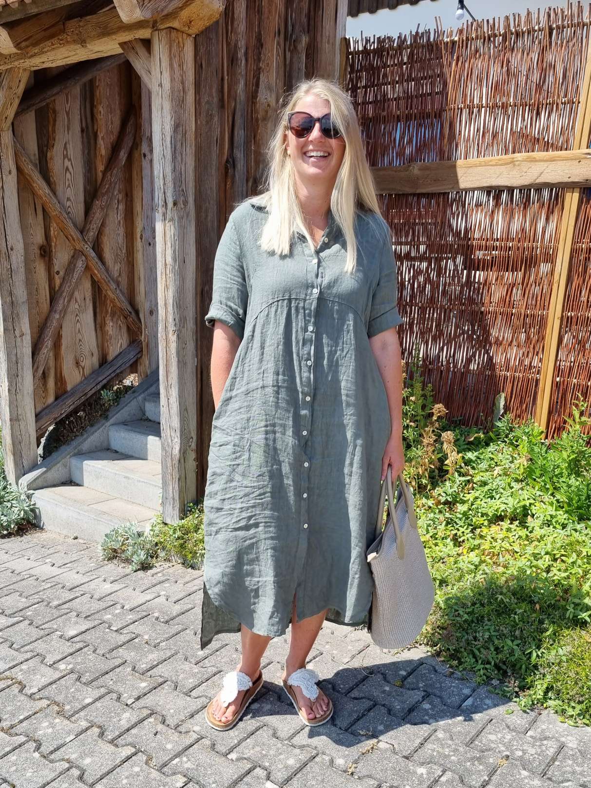 LINEN DESS WILMA KHAKI 34-42 Made in Italy Leinen Kleid Long Bluse Mantel LINEN DESS WILMA KHAKI 34-42 Made in Italy Leinen Kleid Long Bluse Mantel