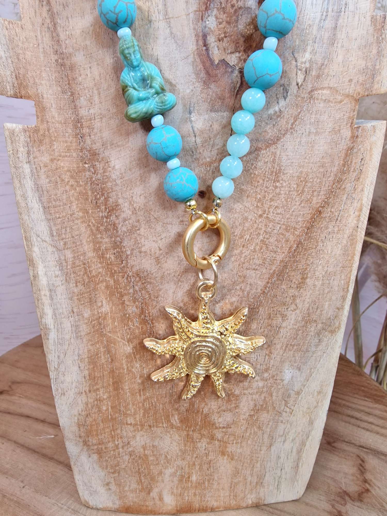 EXKLUSIVE LANGE PERLEN KETTE SUN GOLDSHINY BUDDHA TÜRKIS Howlith Edelsteine
