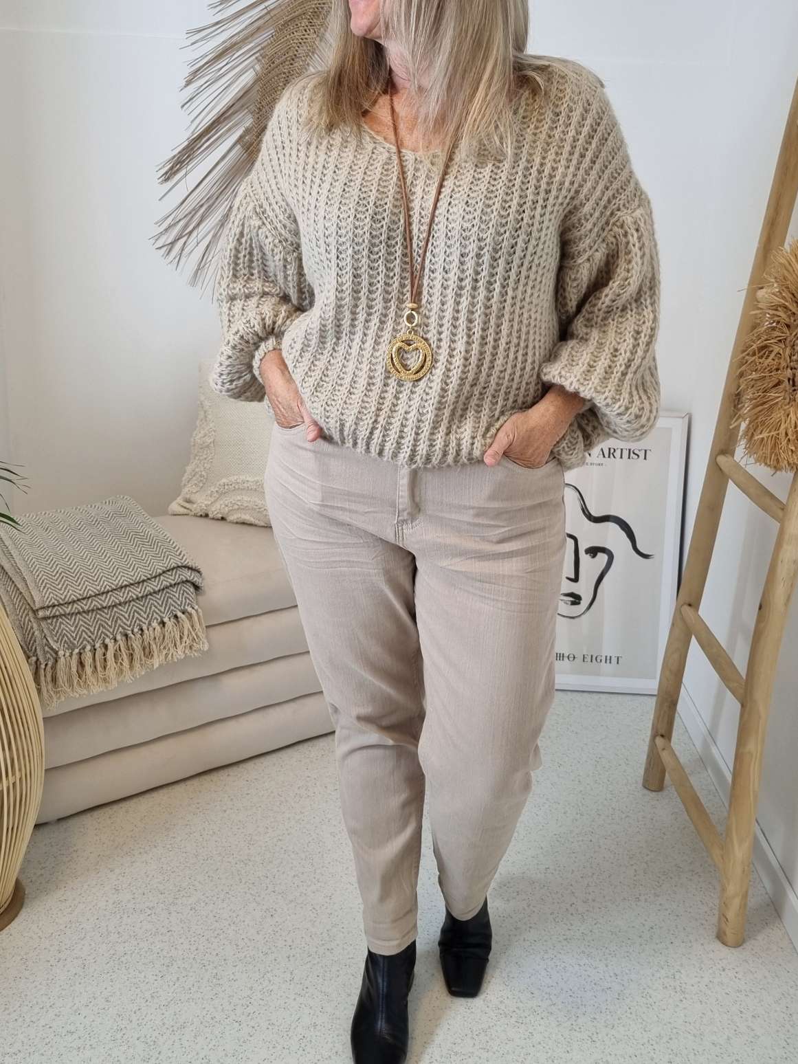 MOM JEANS EMILY BEIGE - VARIANTENARTIKEL Denim Baggy Stretch  Hose