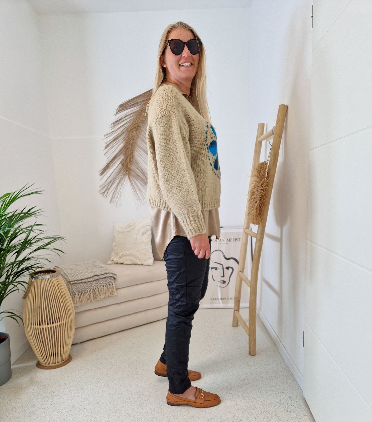 KNIT SWEATER GRETA FLOWER TAUPE Strickpullover Pullover 34-42 Made in Italy versch. Farben KNIT SWEATER GRETA FLOWER TAUPE Strickpullover Pullover 34-42 Made in Italy versch. Farben