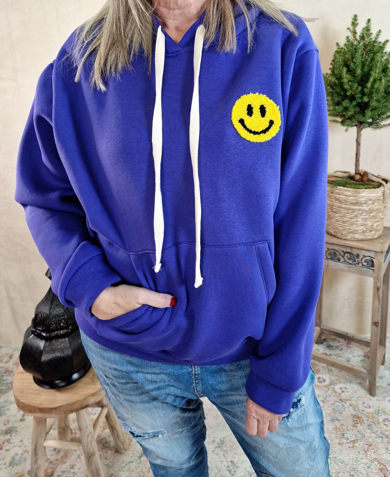 HOODIE HAPPY FACE LILA 34-40/42 Made in Italy Sweater Kapuze Oversize Pullover