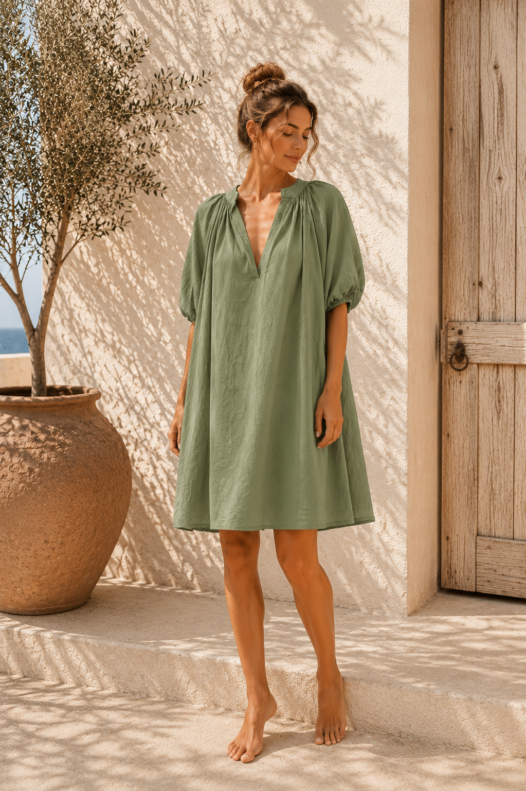 Kleid Kesia Tulpenärmel Uni Baumwolle Made in Italy 34-42/44