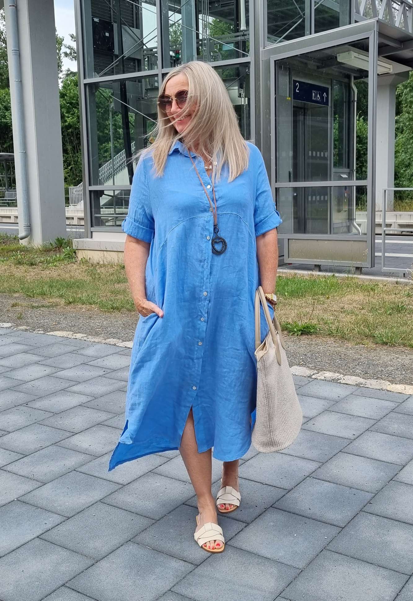 LINEN DESS WILMA DENIM BLAU 34-42 Made in Italy Leinen Kleid Long Bluse Mantel LINEN DESS WILMA DENIM BLAU 34-42 Made in Italy Leinen Kleid Long Bluse Mantel