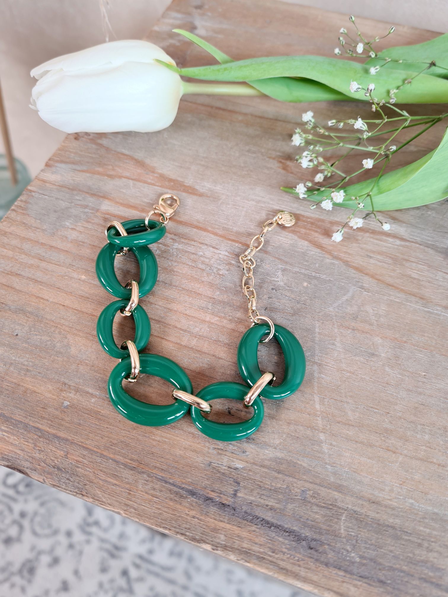 ARMBAND BRACELET SPRING VIBES GRÜN Metall Resin Goldfarbig