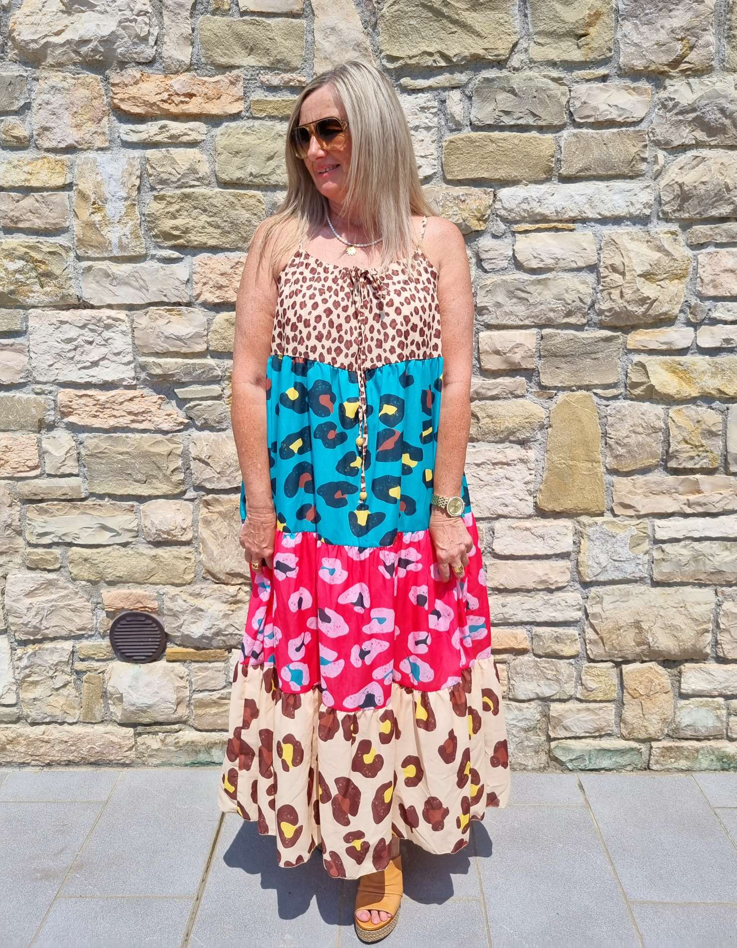 SPAGHETTI DRESS CHIETA LEO 36-42 Made in Italy Maxi Kleid Sommer Strandkleid Leopard BEIGE TÜRKIS PINK SPAGHETTI DRESS CHIETA LEO 36-42 Made in Italy Maxi Kleid Sommer Strandkleid Leopard BEIGE TÜRKIS PINK