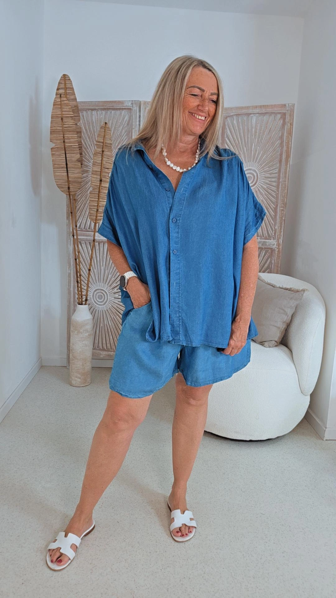 DENIM KURZARMBLUSE DOMINIQUE LYOCELL Made in Italy Größe 36-46