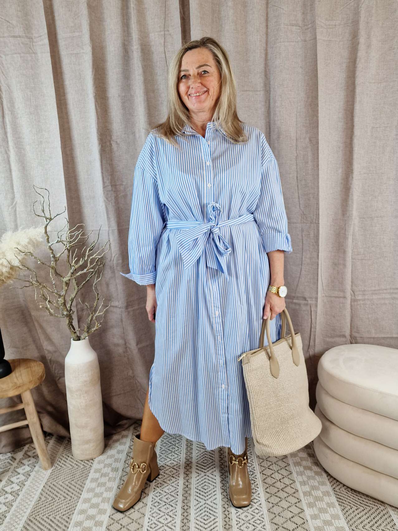 BLUSEN KLEID ROMA STRIPES HELLBLAU 34-42 Italy Design Maxi Dress