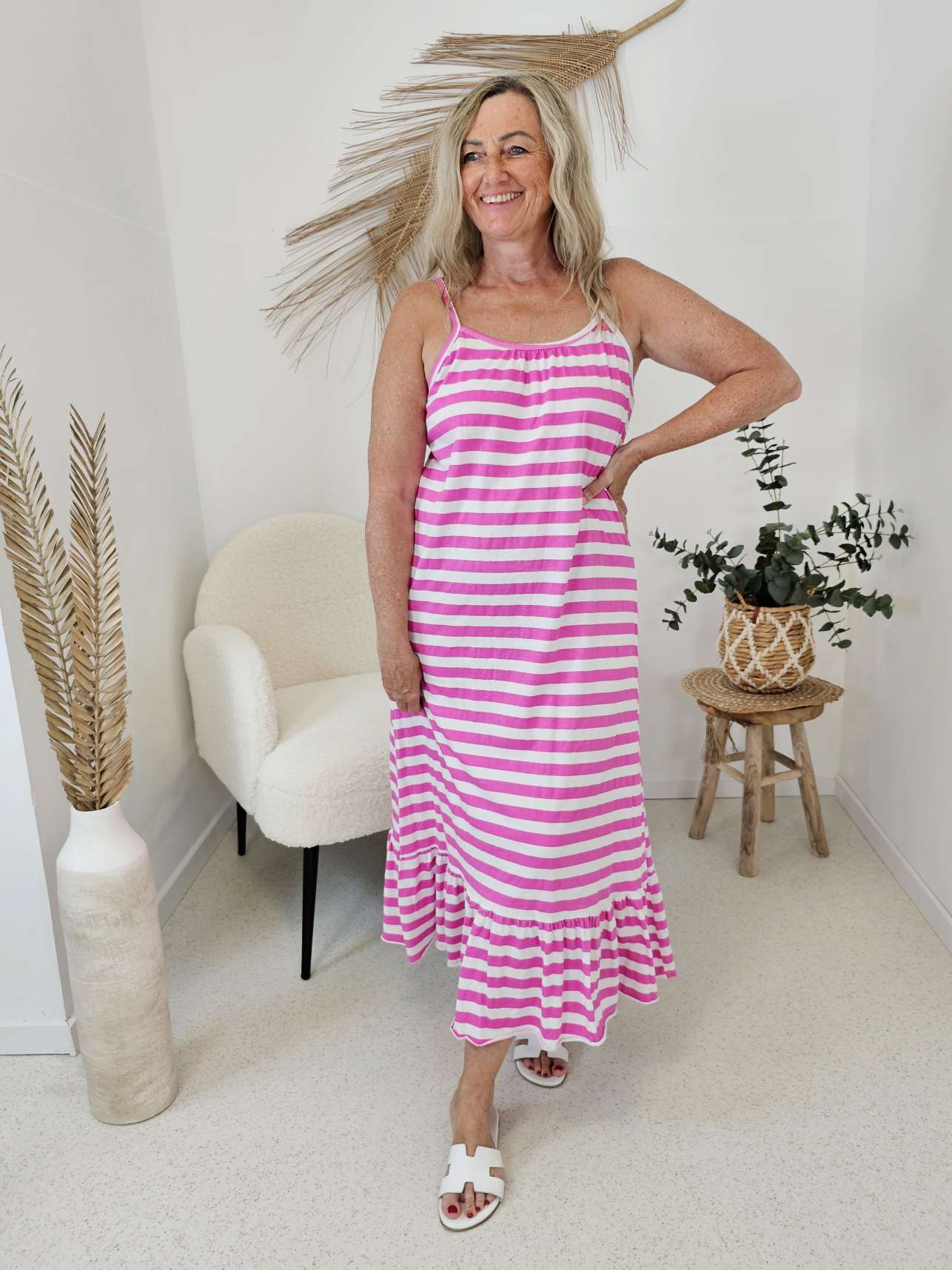 MAXI DRESS MORENA STRIPES PINK 36-40 Made in Italy Spaghetti Kleid