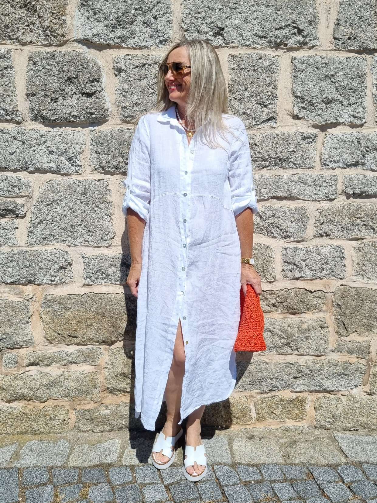 LINEN DESS WANDA 2 WEISS 34-40 Made in Italy Leinen Kleid Long Bluse Mantel LINEN DESS WANDA 2 WEISS 34-40 Made in Italy Leinen Kleid Long Bluse Mantel