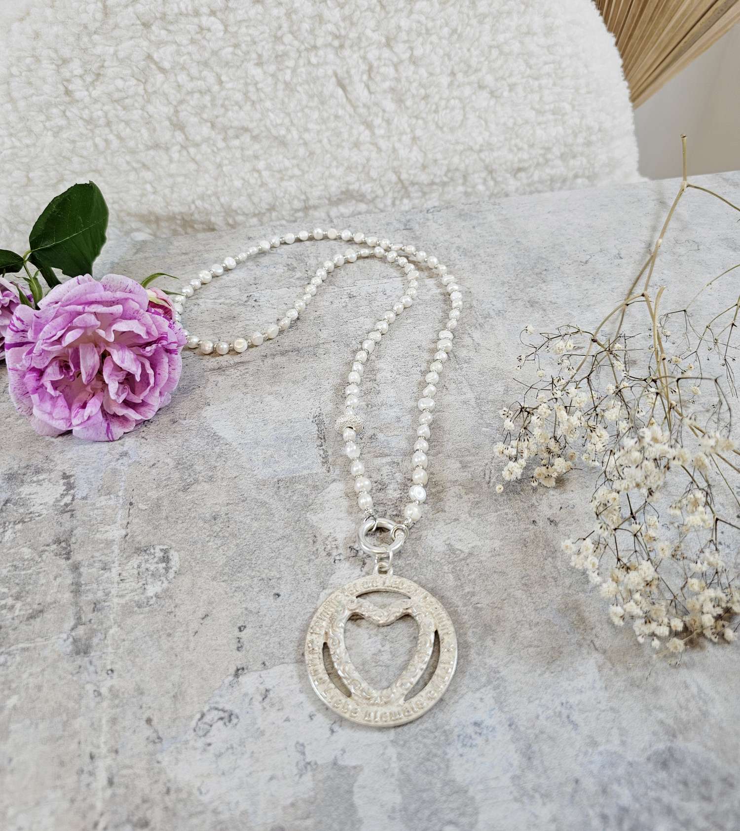 BAROCKE SÜSSWASSER PERLEN KETTE TAHITI SILVER Shiny 88 AMULETT La Familia FAMILY Necklace 