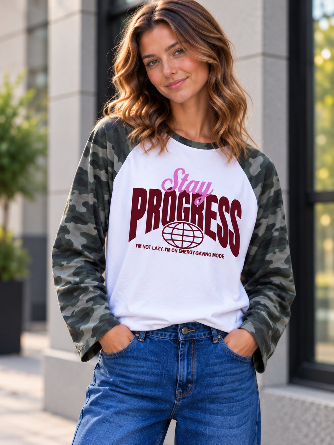 Langarmshirt Statement-Shirt STAY PROGRESS  I LS0163 I Made in Italy 34-40/42 Longsleeve