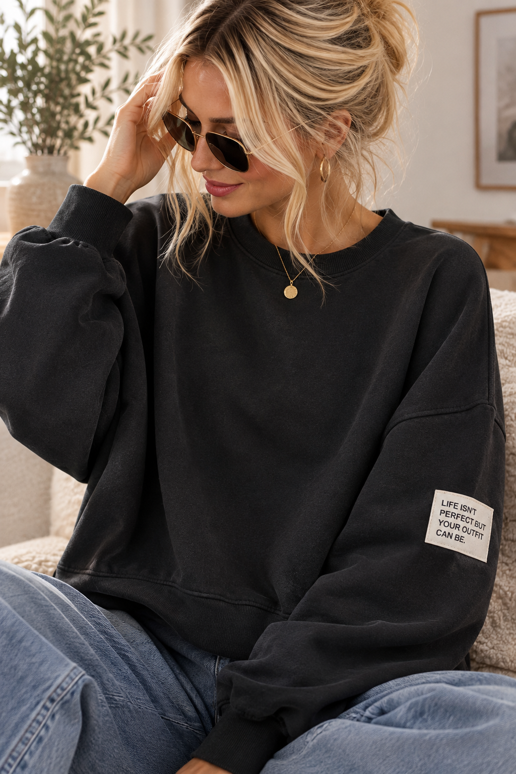 Butterstoff-Sweatshirt uni mit Statement-Patch – SW0094 Made in Italy Gr 34-42