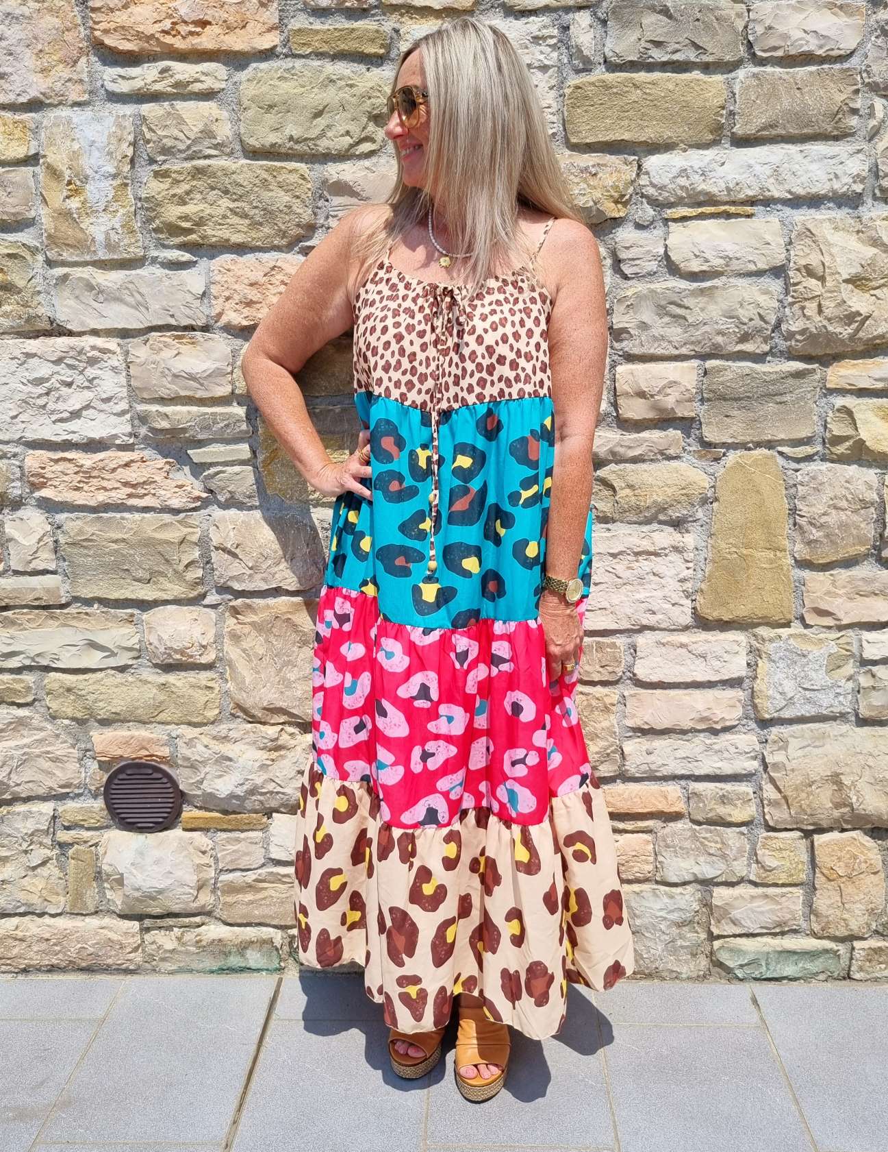 SPAGHETTI DRESS CHIETA LEO 36-42 Made in Italy Maxi Kleid Sommer Strandkleid Leopard BEIGE TÜRKIS PINK SPAGHETTI DRESS CHIETA LEO 36-42 Made in Italy Maxi Kleid Sommer Strandkleid Leopard BEIGE TÜRKIS PINK