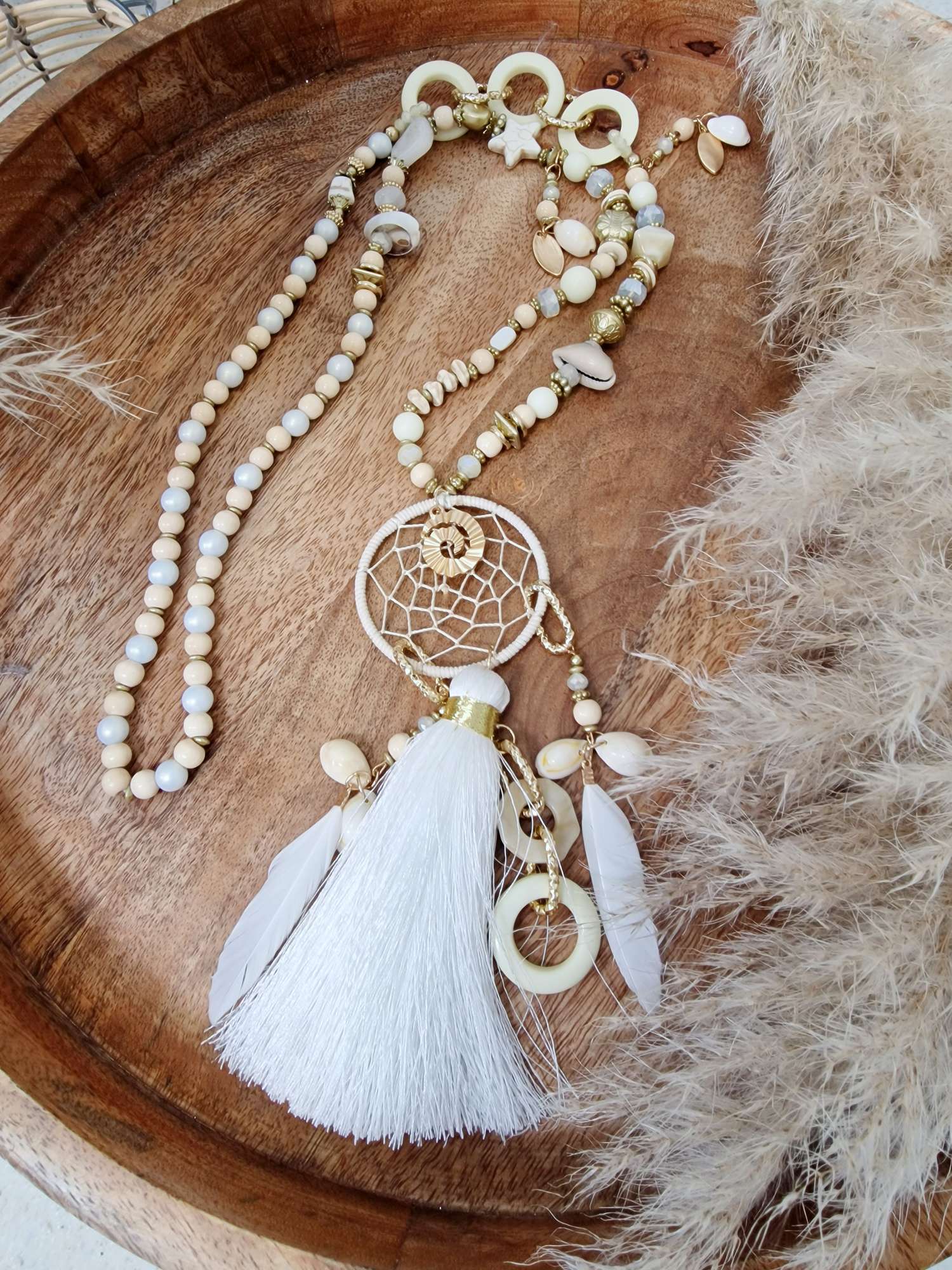 LANGE PERLENKETTE TRAUMFÄNGER BEIGE Italy Design Goldfarbig Necklace Halskette BOHO Bohemian