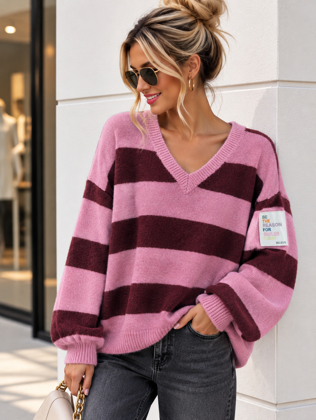 Strickpullover SP0095 – Streifenlook mit Statement-Patch Gr. 34-40/42 Pullover