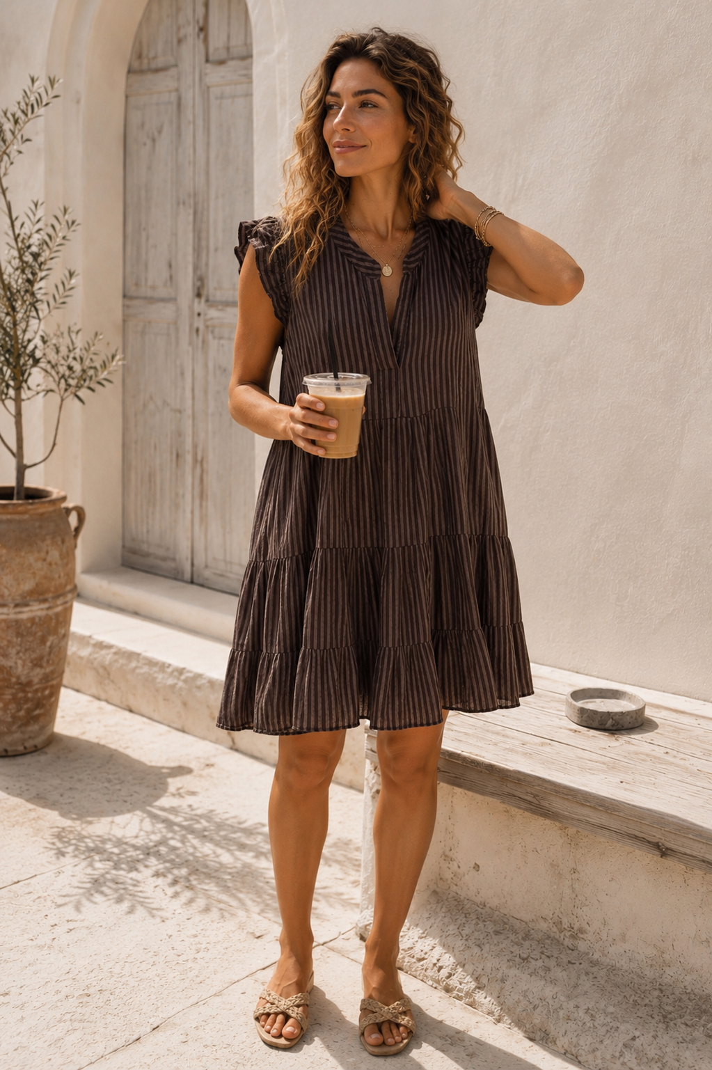 MUSSELIN KLEID TAMI SCHOKO STRIPES  kurz Rüschen 34 - 42 Summer Dress