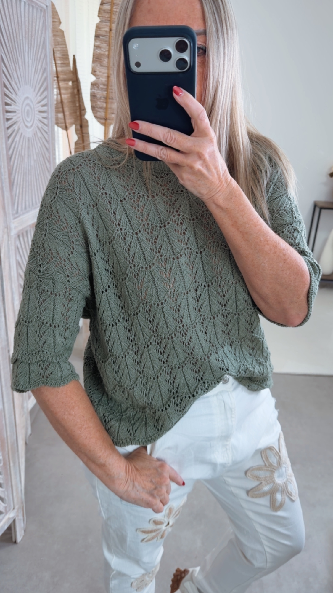 Strickshirt Lochmuster Fili Uni Made in Italy 34-42 Kurzarm Pullover