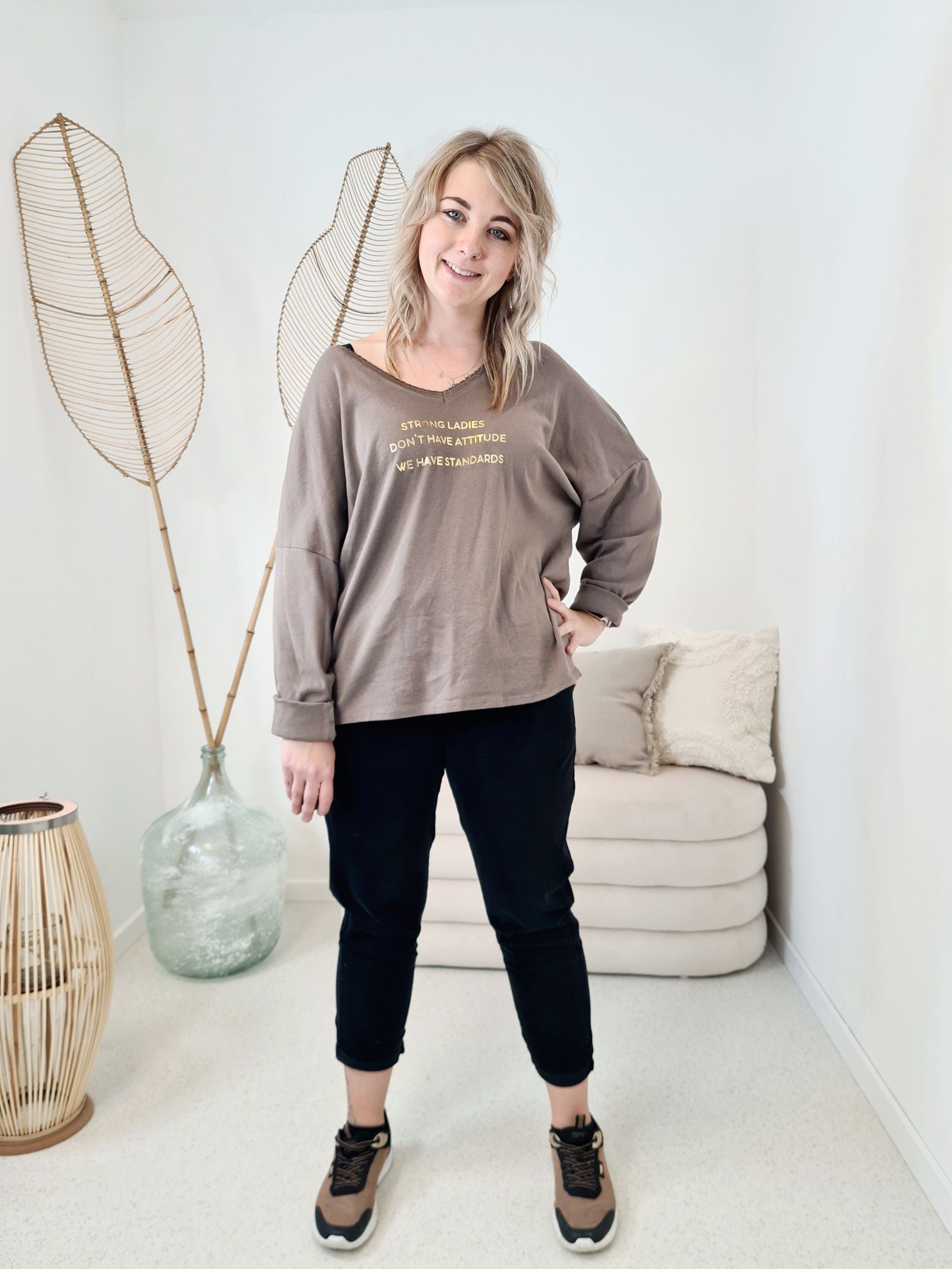 LONGSLEEVE SHIRT STRONG LADIES TAUPE 34-42/44 Made in Italy Langarm Pullover Oversize