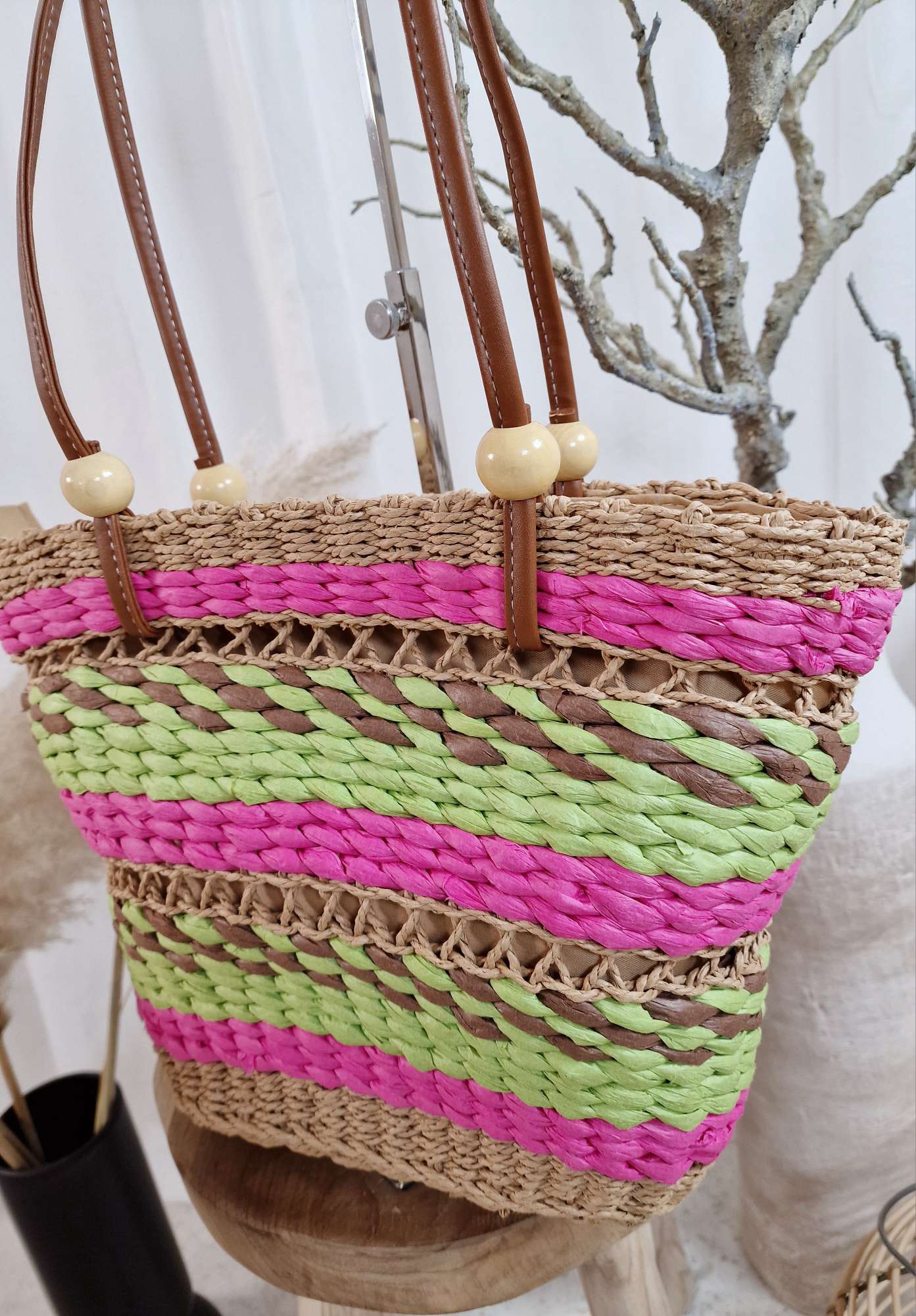 BEACH BAG MARICIA PINK GRÜN Italy Design Bohemian Tasche Beach Bag Basttasche Strand